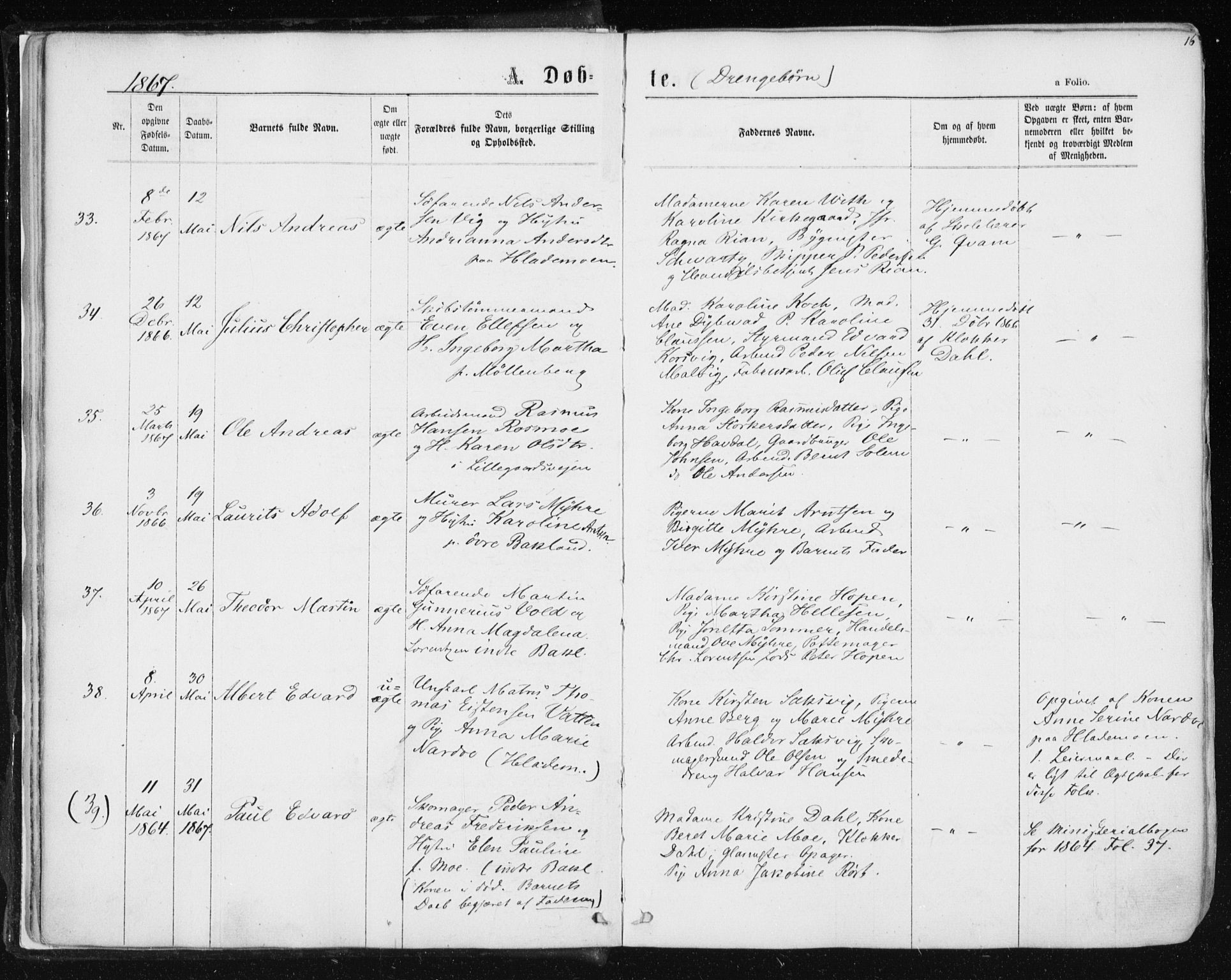 Ministerialprotokoller, klokkerbøker og fødselsregistre - Sør-Trøndelag, SAT/A-1456/604/L0186: Ministerialbok nr. 604A07, 1866-1877, s. 16