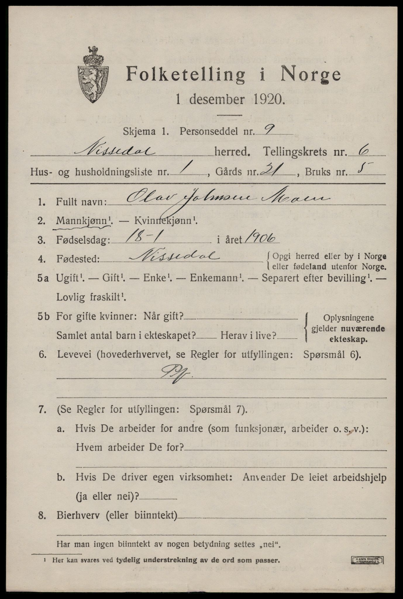 SAKO, Folketelling 1920 for 0830 Nissedal herred, 1920, s. 2287