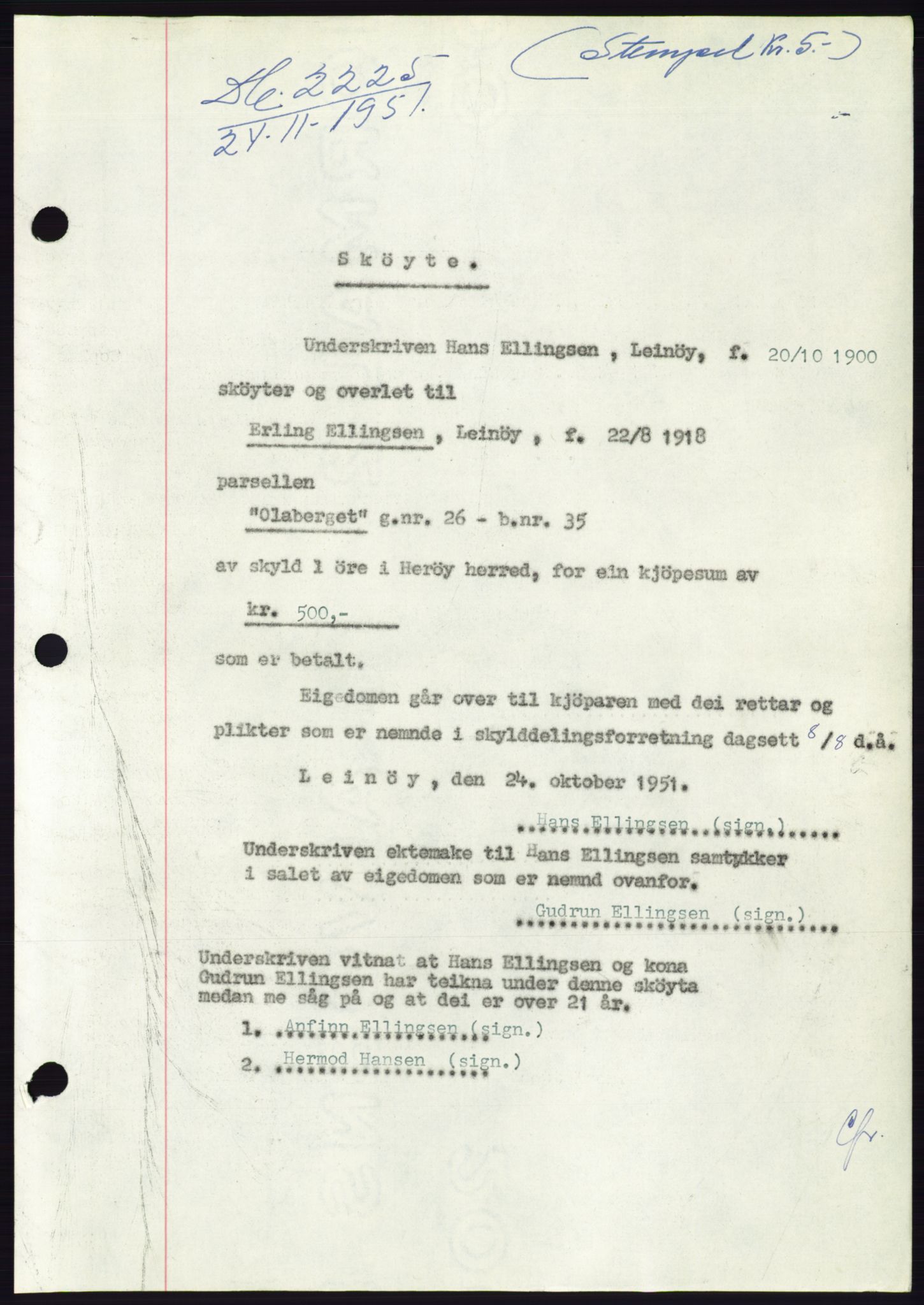 Søre Sunnmøre sorenskriveri, AV/SAT-A-4122/1/2/2C/L0090: Pantebok nr. 16A, 1951-1951, Dagboknr: 2225/1951