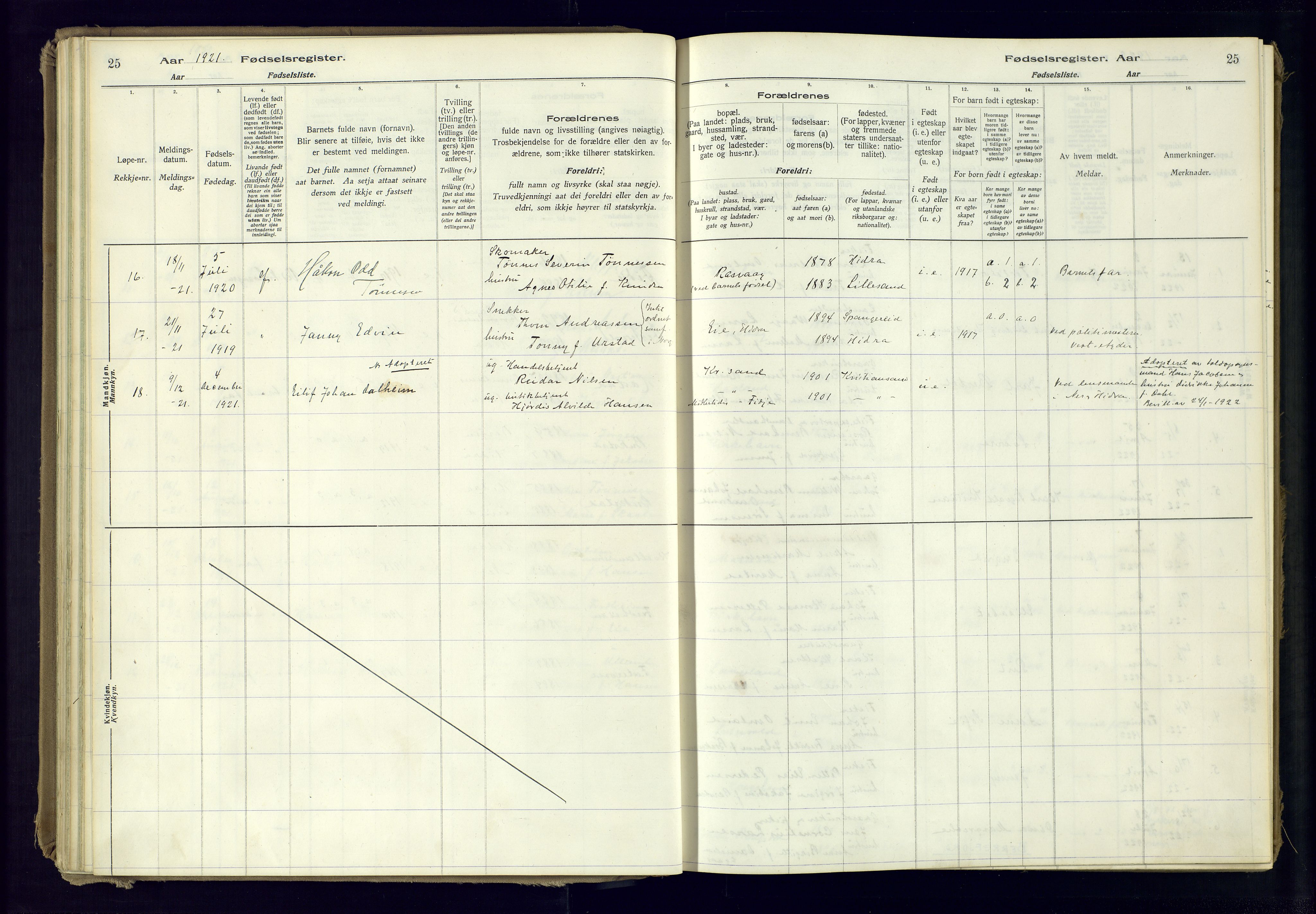 Flekkefjord sokneprestkontor, AV/SAK-1111-0012/J/Ja/L0007: Fødselsregister nr. 7, 1916-1982, s. 25