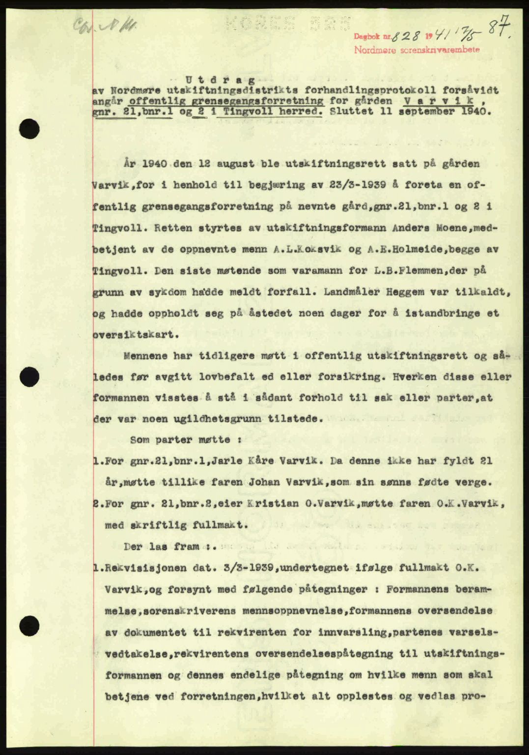 Nordmøre sorenskriveri, SAT/A-4132/1/2/2Ca: Pantebok nr. A90, 1941-1941, Dagboknr: 828/1941