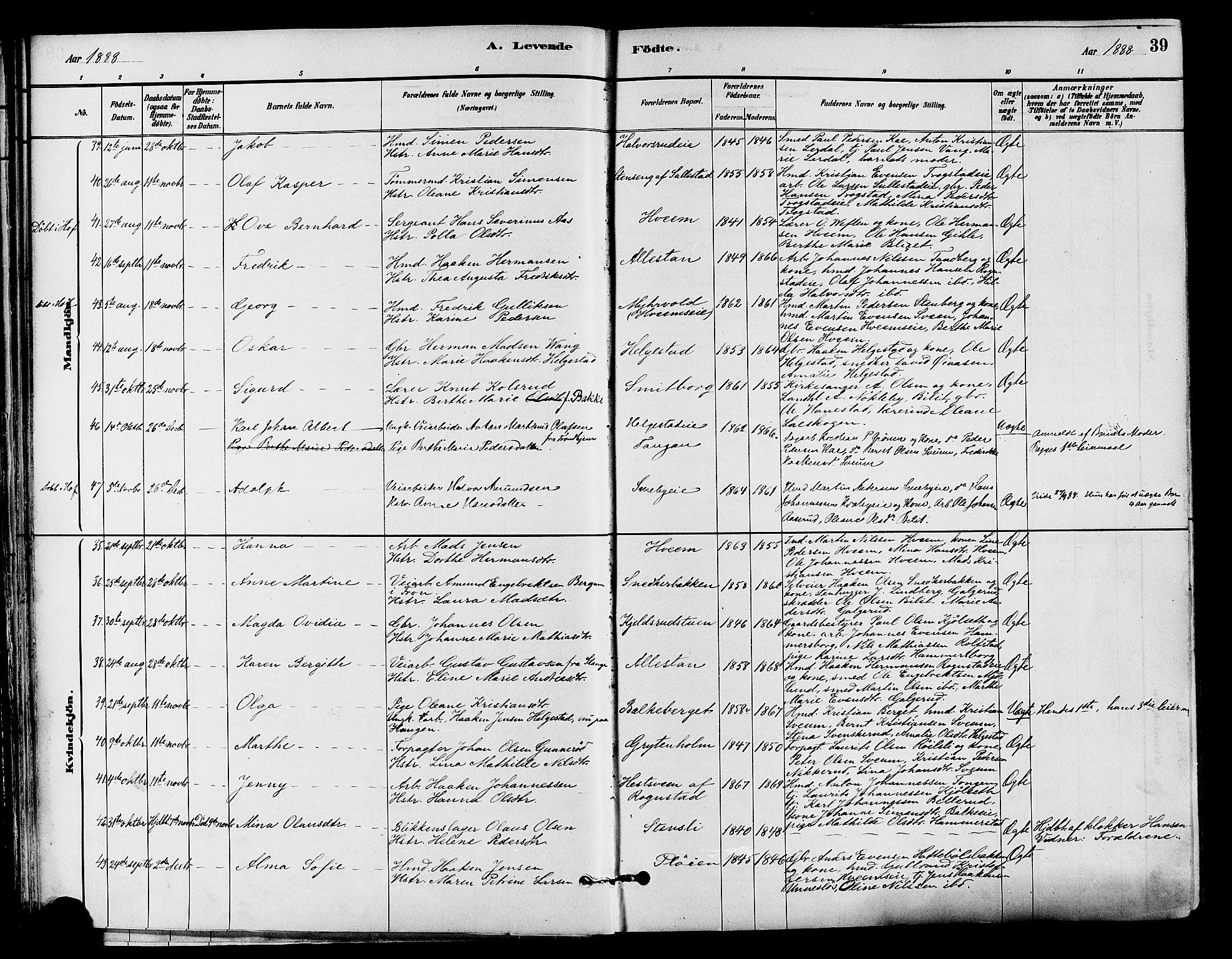 Østre Toten prestekontor, AV/SAH-PREST-104/H/Ha/Haa/L0007: Ministerialbok nr. 7, 1881-1896, s. 39