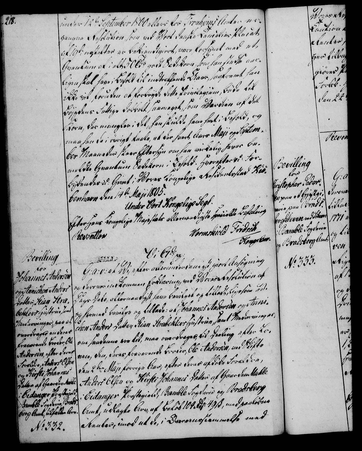 Rentekammeret, Kammerkanselliet, RA/EA-3111/G/Gg/Gga/L0018: Norsk ekspedisjonsprotokoll med register (merket RK 53.18), 1804-1806, s. 218