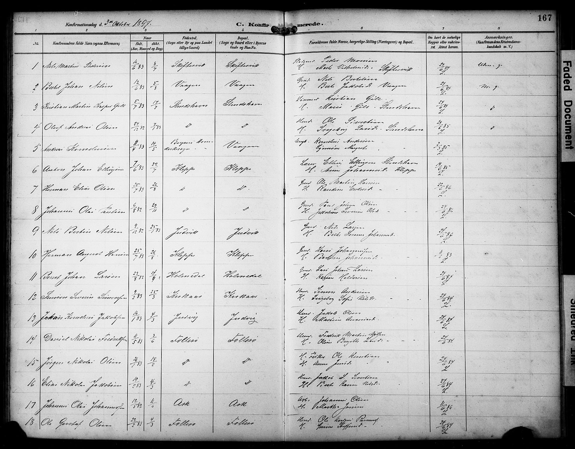 Askøy Sokneprestembete, AV/SAB-A-74101/H/Ha/Hab/Haba/L0009: Klokkerbok nr. A 9, 1894-1903, s. 167