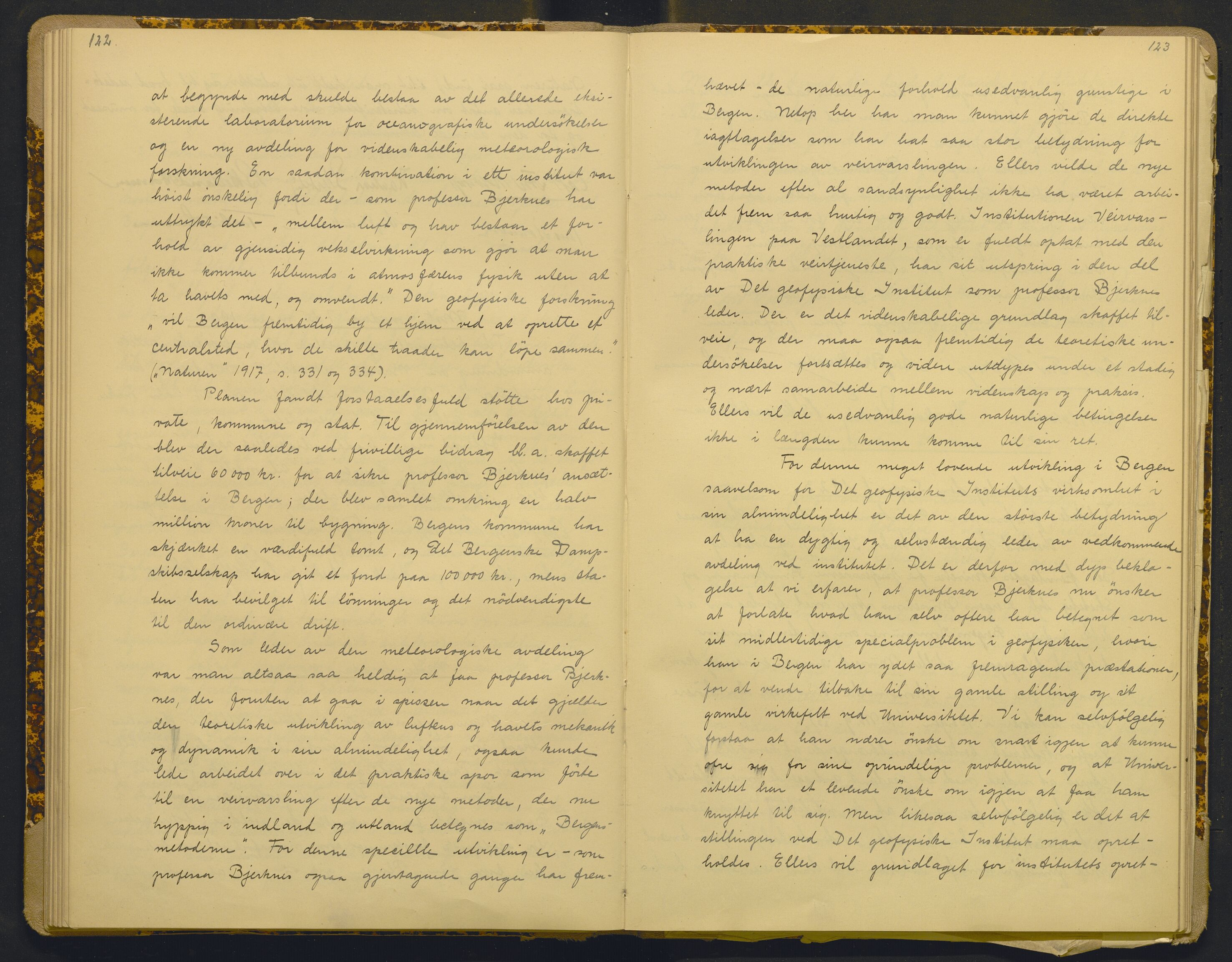 Bergens Museum, AV/SAB-A-17301/18/A/L0001: Bestyrerkollegiets forhandlingsprotokoll med register , 1907-1927, s. 122-123