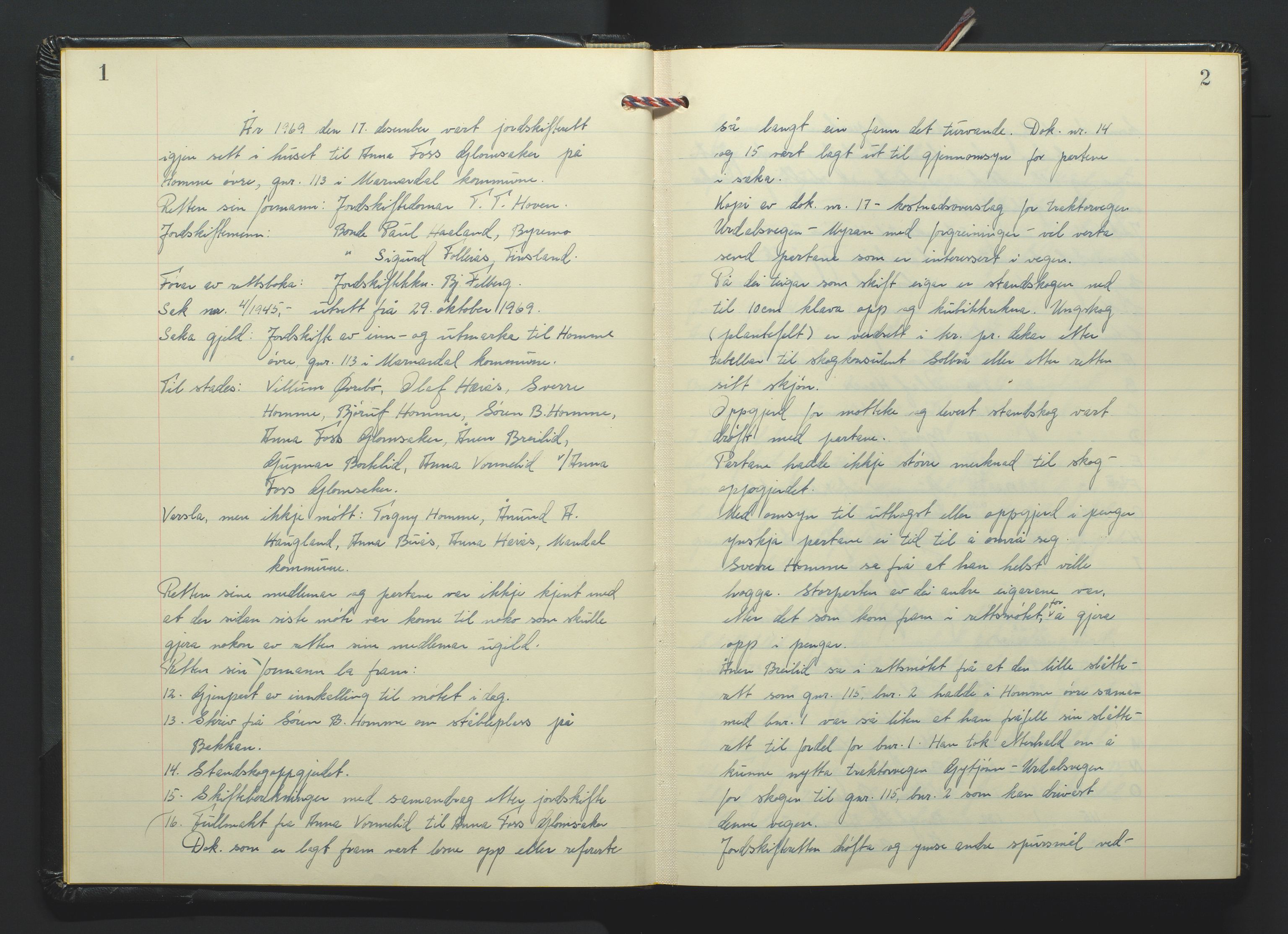Marnar jordskifterett, AV/SAK-1541-0006/F/Fa/L0012: Jordskifterettsbok Mandal domssokn (M8), 1969-1974, s. 1-2