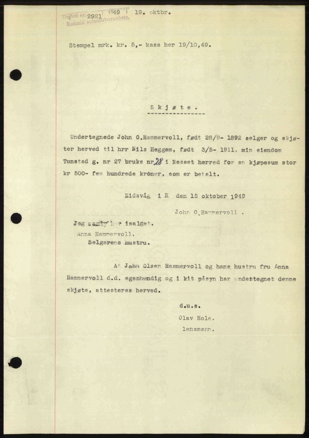 Romsdal sorenskriveri, SAT/A-4149/1/2/2C: Pantebok nr. A31, 1949-1949, Dagboknr: 2921/1949