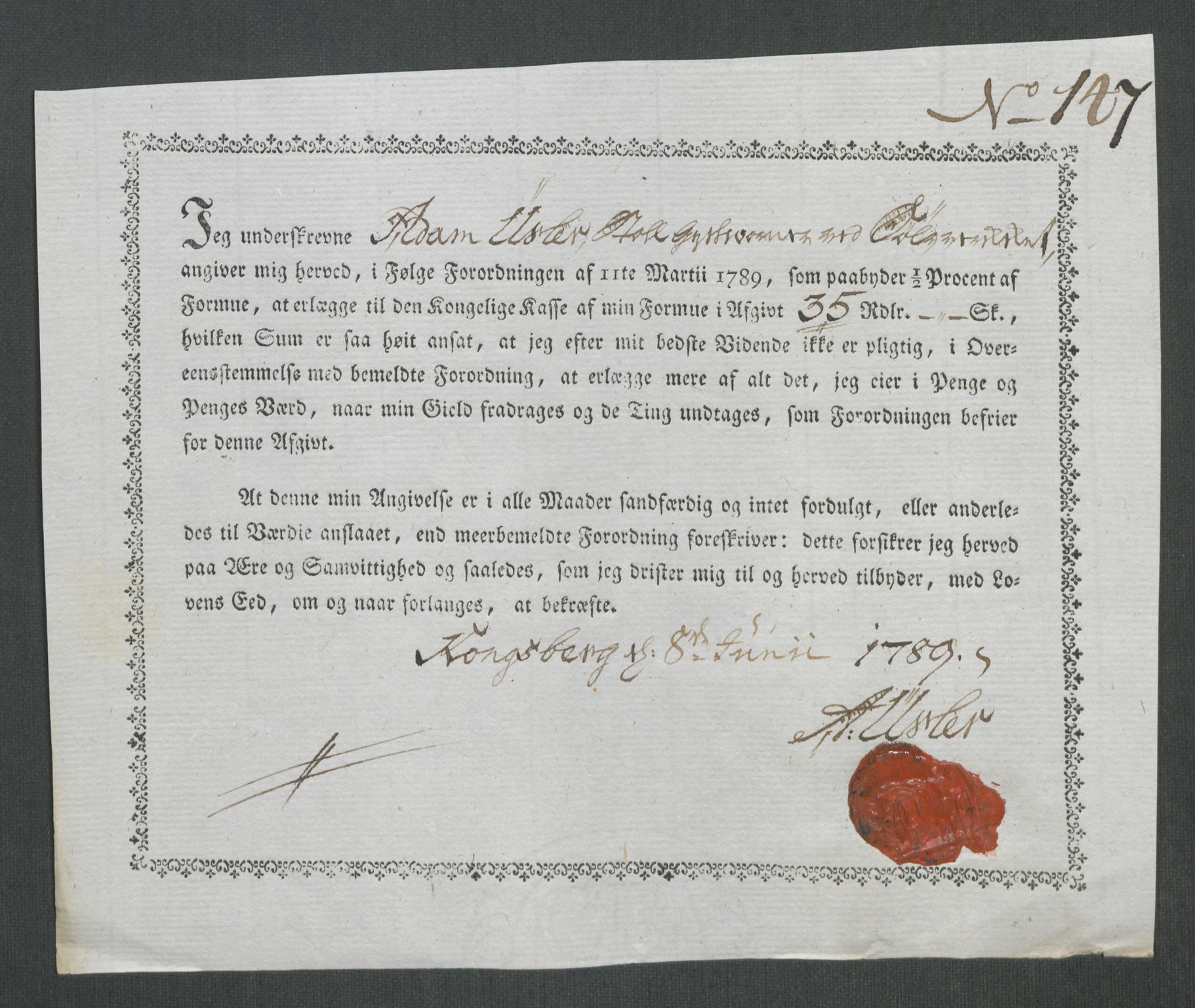 Rentekammeret inntil 1814, Reviderte regnskaper, Mindre regnskaper, AV/RA-EA-4068/Rf/Rfe/L0019: Jæren og Dalane fogderi, Kongsberg, 1789, s. 351