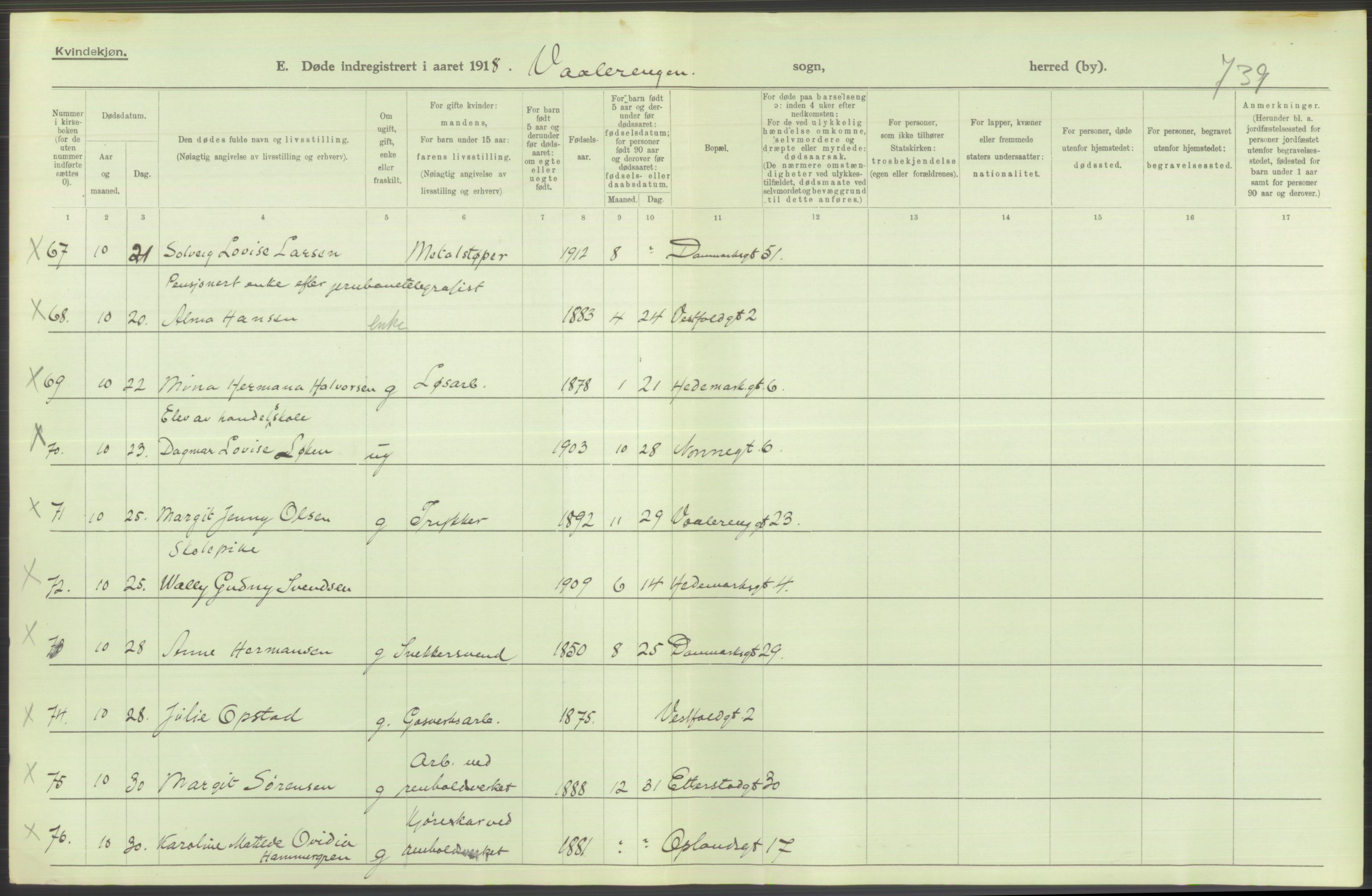 Statistisk sentralbyrå, Sosiodemografiske emner, Befolkning, AV/RA-S-2228/D/Df/Dfb/Dfbh/L0011: Kristiania: Døde, dødfødte, 1918, s. 482
