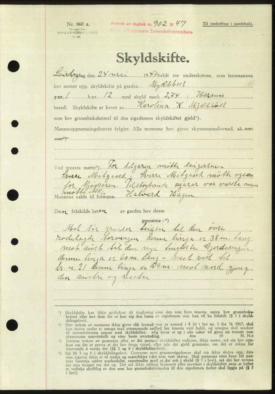 Nordre Sunnmøre sorenskriveri, SAT/A-0006/1/2/2C/2Ca: Pantebok nr. A24, 1947-1947, Dagboknr: 902/1947