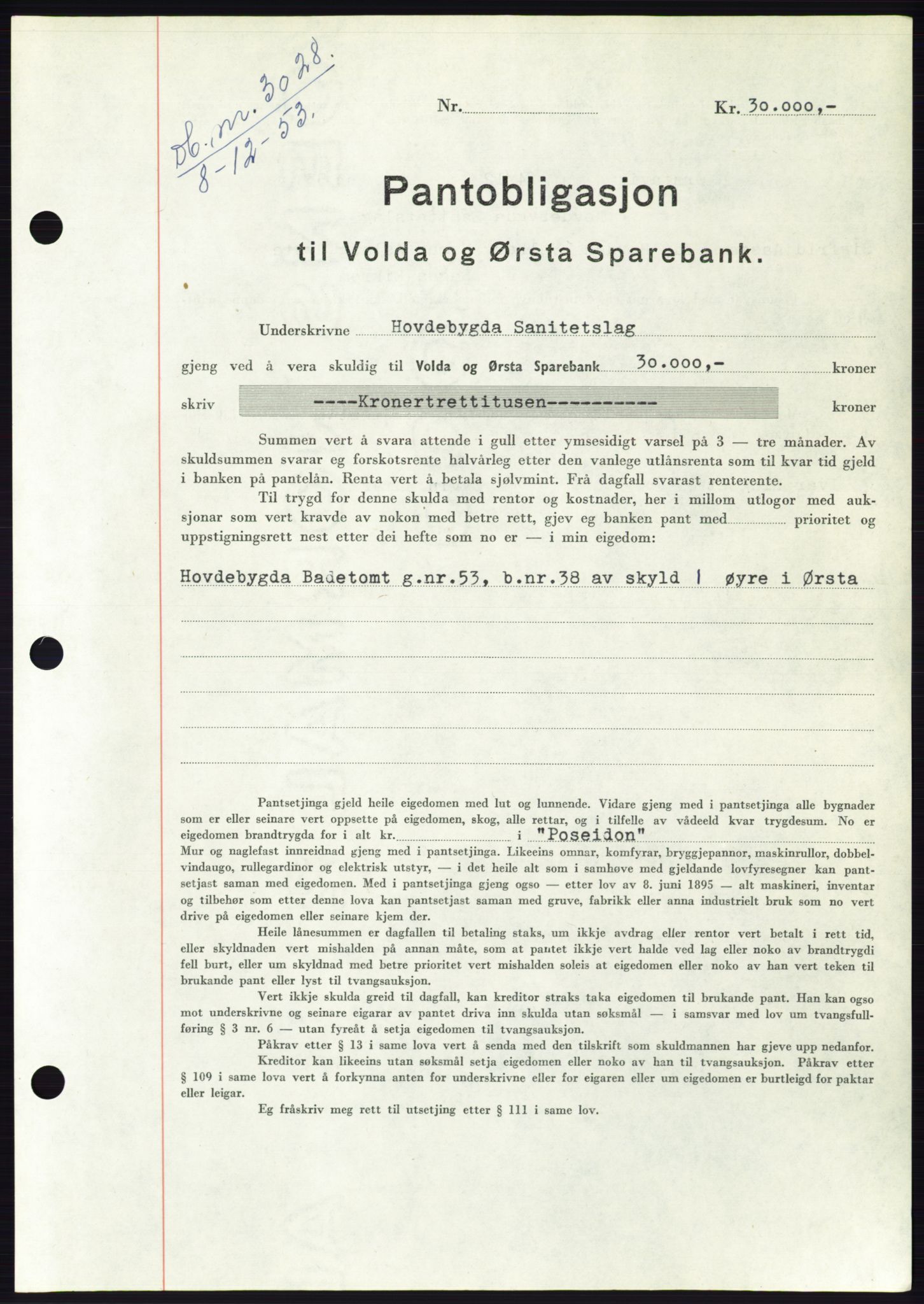 Søre Sunnmøre sorenskriveri, SAT/A-4122/1/2/2C/L0124: Pantebok nr. 12B, 1953-1954, Dagboknr: 3028/1953