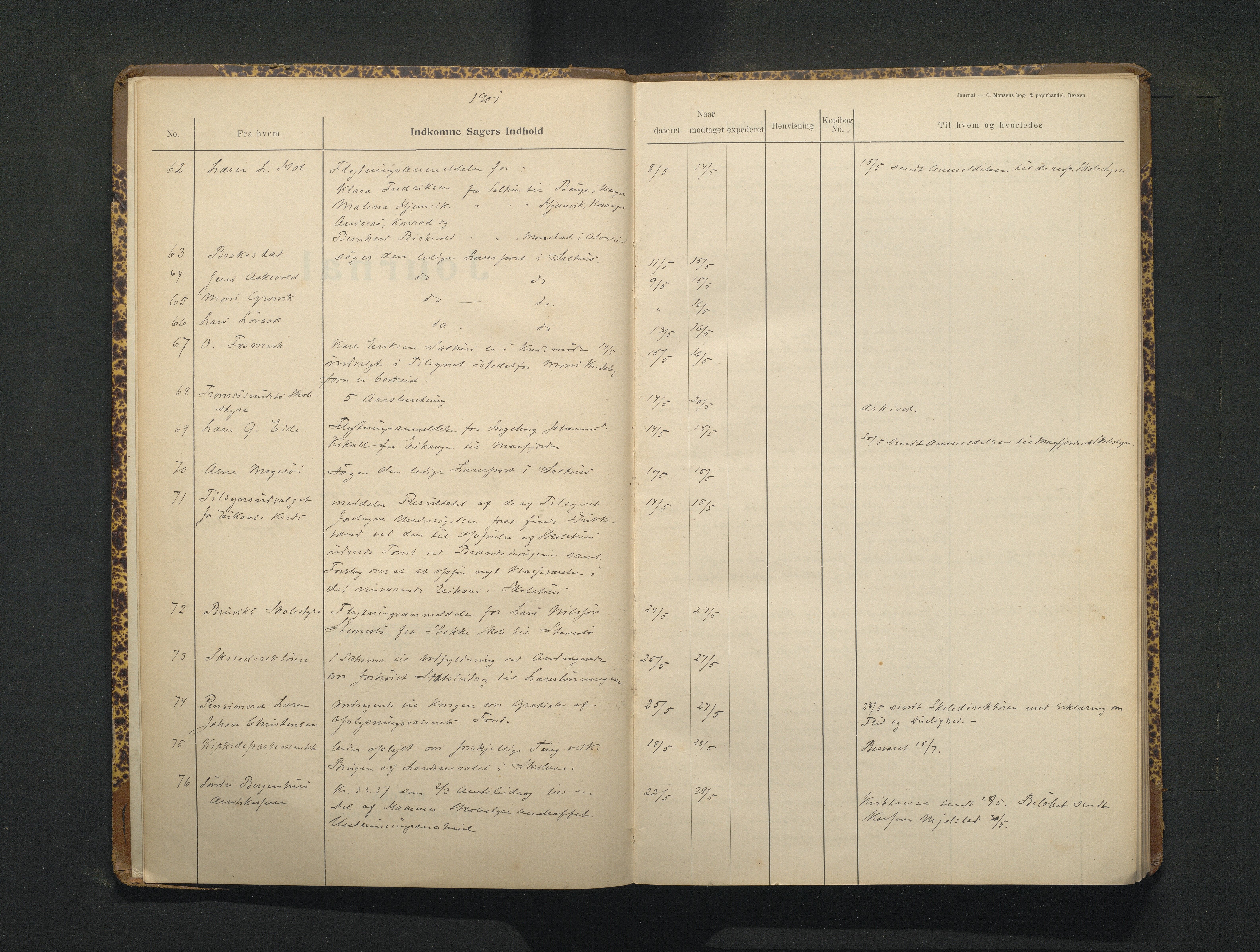 Hamre kommune. Skulestyret, IKAH/1254-211/C/Ca/L0003: Postjournal for Hamre skulestyre, 1901-1916