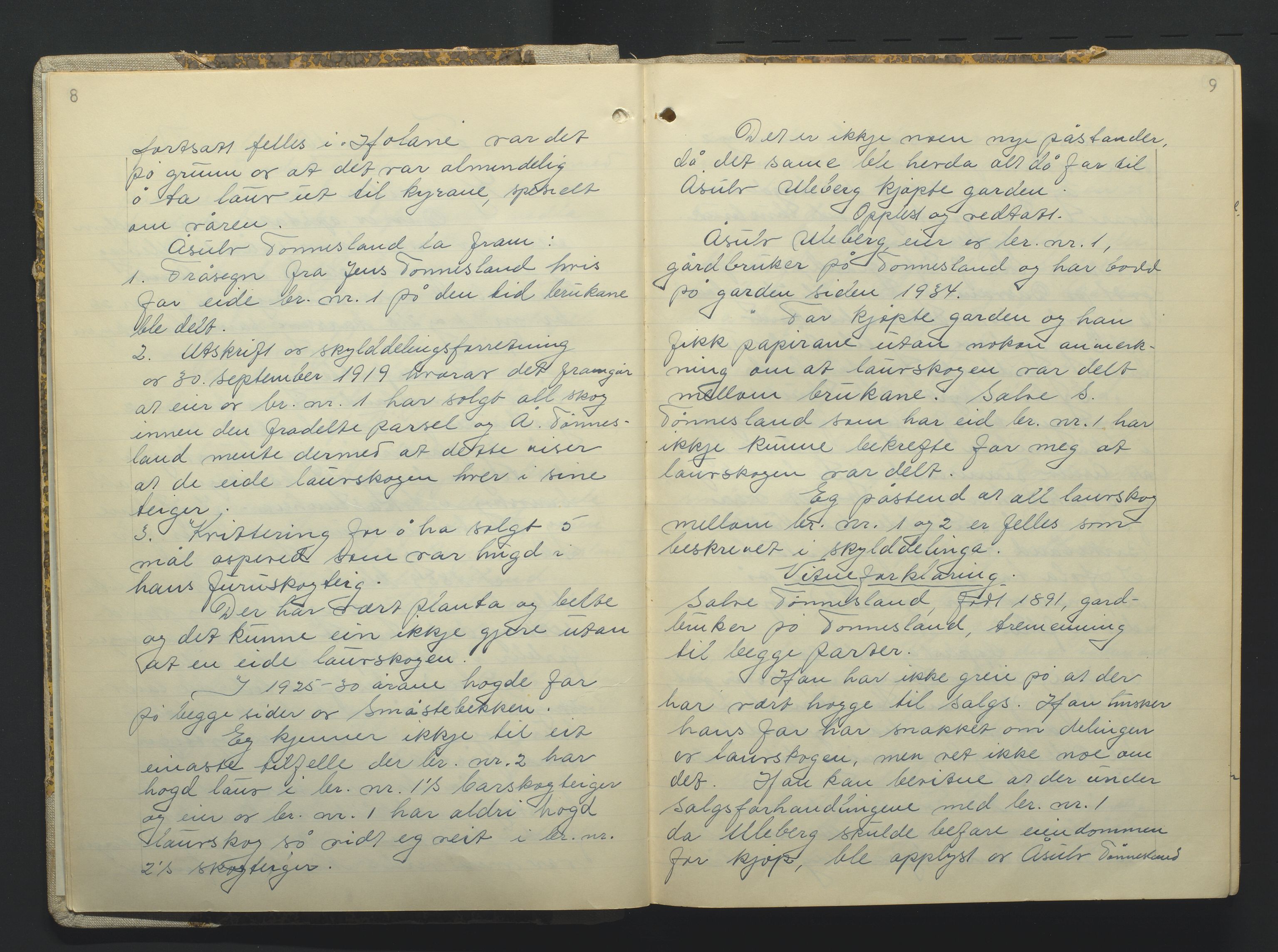 Setesdal jordskifterett, AV/SAK-1541-0008/F/Fa/Faa/L0001: Jordskifteprotokoll med gårdsregister, Setesdal domssokn nr 16, 1952-1958, s. 8-9