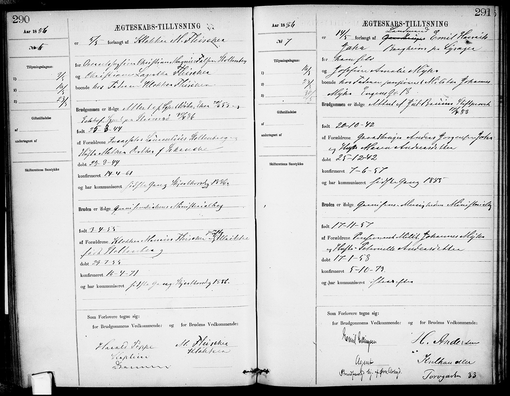 Garnisonsmenigheten Kirkebøker, AV/SAO-A-10846/H/Ha/L0007: Lysningsprotokoll nr. I 7, 1872-1893, s. 290-291