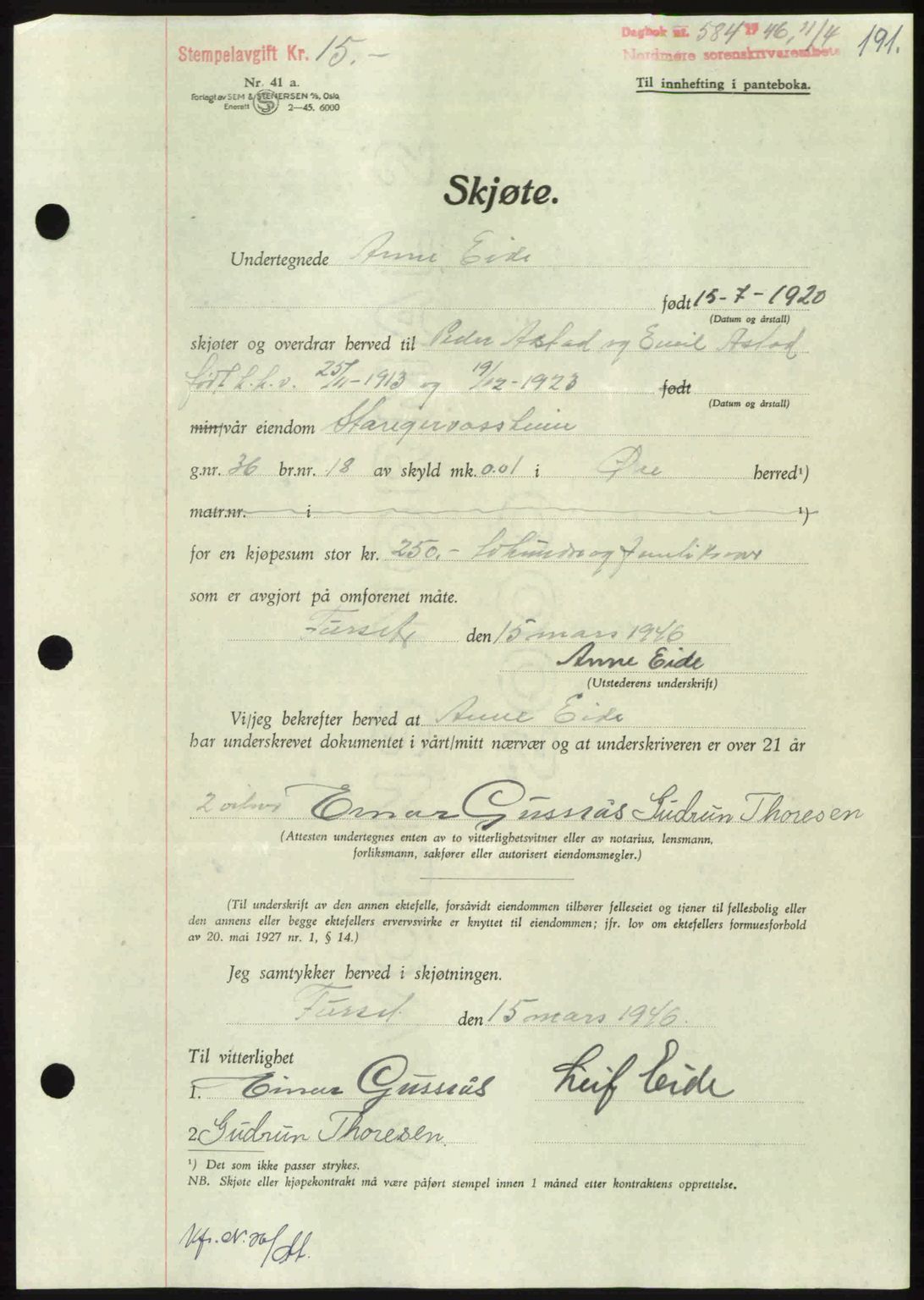 Nordmøre sorenskriveri, AV/SAT-A-4132/1/2/2Ca: Pantebok nr. A101, 1946-1946, Dagboknr: 584/1946