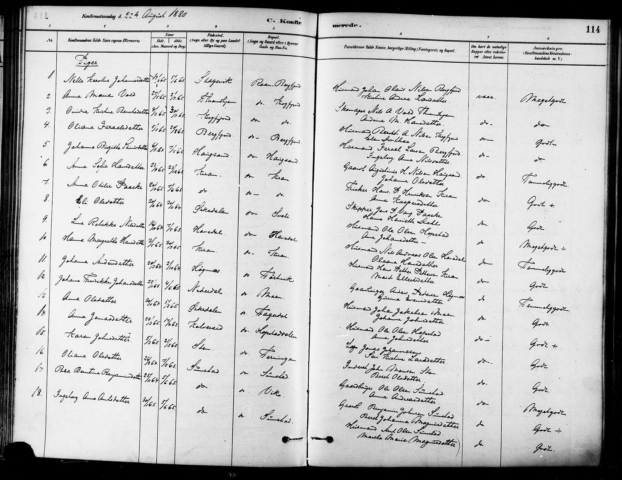 Ministerialprotokoller, klokkerbøker og fødselsregistre - Sør-Trøndelag, SAT/A-1456/657/L0707: Ministerialbok nr. 657A08, 1879-1893, s. 114