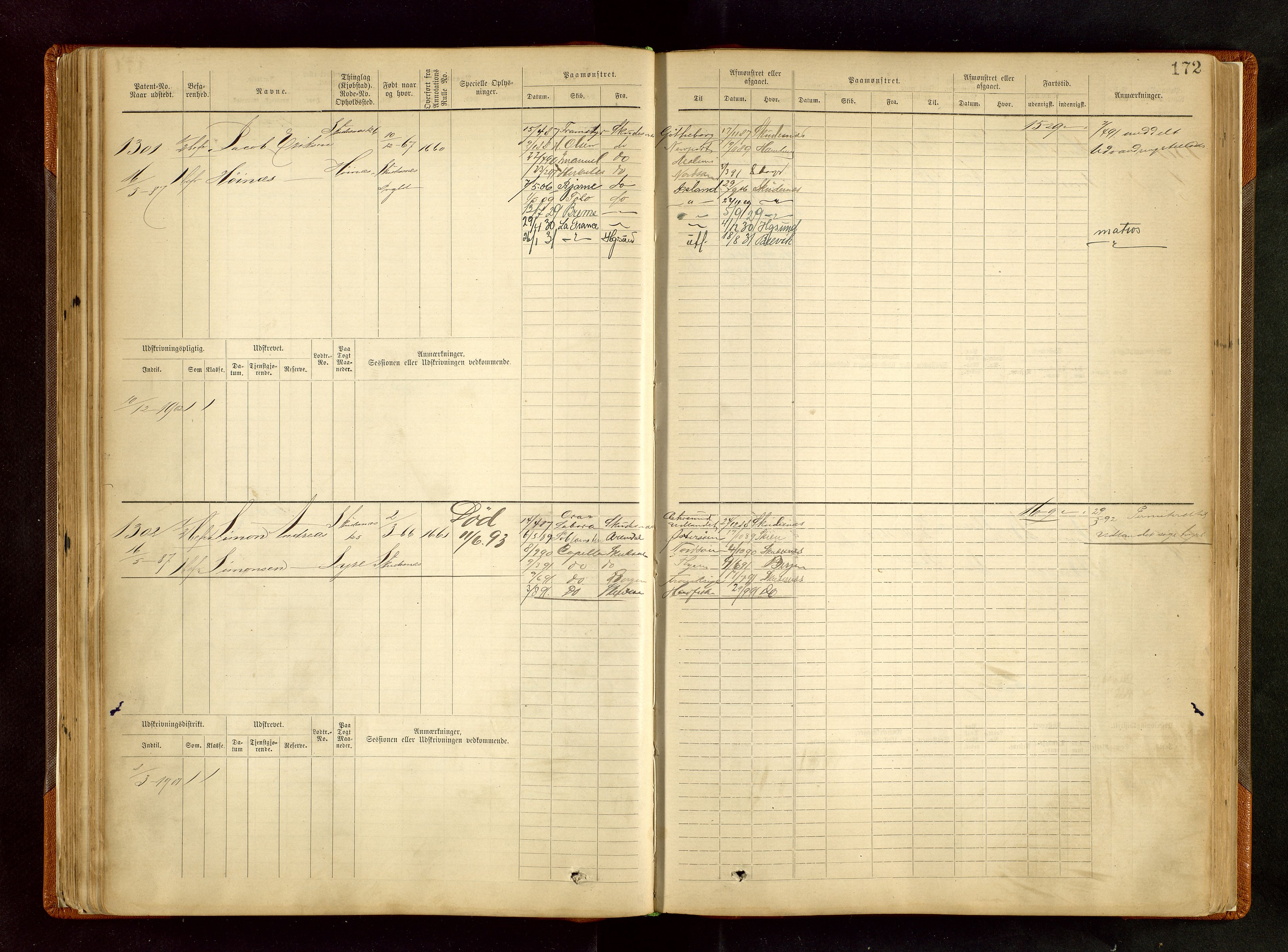 Haugesund sjømannskontor, AV/SAST-A-102007/F/Fb/Fbb/L0002: Sjøfartsrulle Skudenes kretsnr. 959-2439, 1860-1948, s. 172