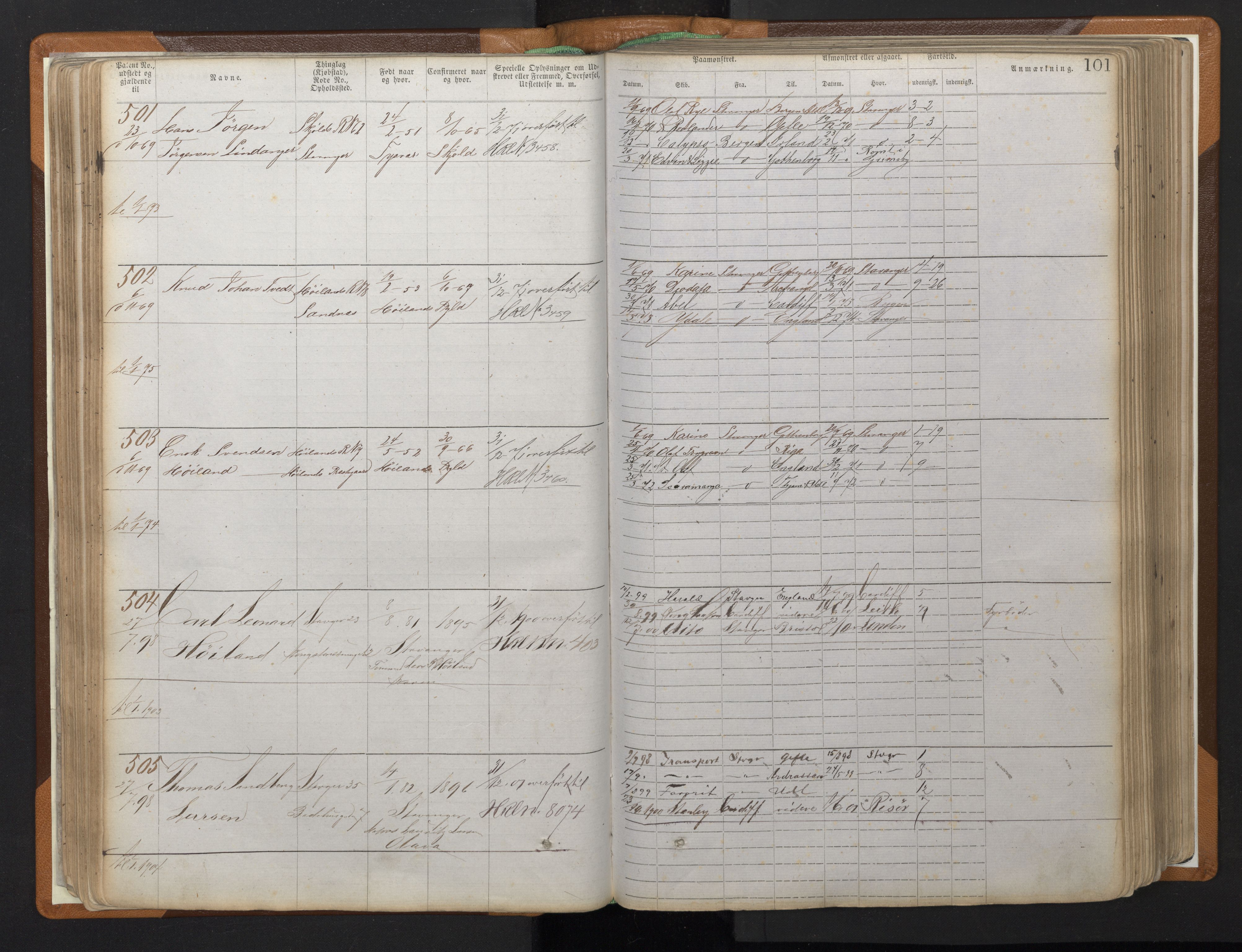 Stavanger sjømannskontor, AV/SAST-A-102006/F/Ff/L0008: Annotasjonsrulle, patentnr. 1-1805 (dublett), 1869-1900, s. 105