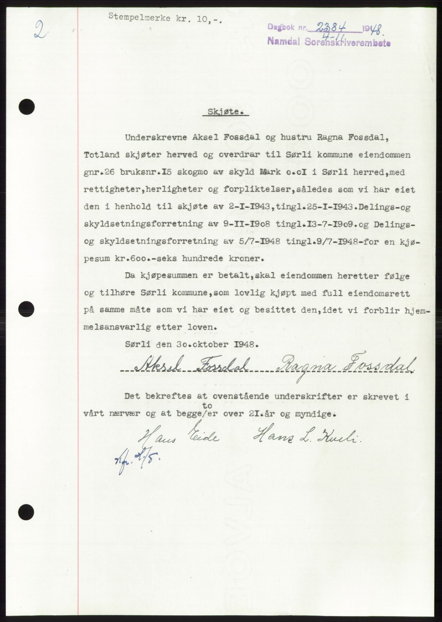 Namdal sorenskriveri, SAT/A-4133/1/2/2C: Pantebok nr. -, 1948-1948, Dagboknr: 2384/1948