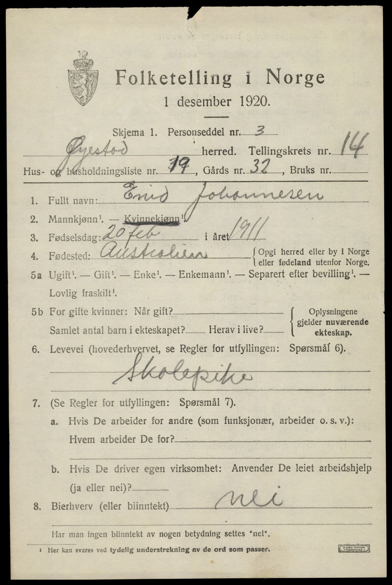 SAK, Folketelling 1920 for 0920 Øyestad herred, 1920, s. 9426