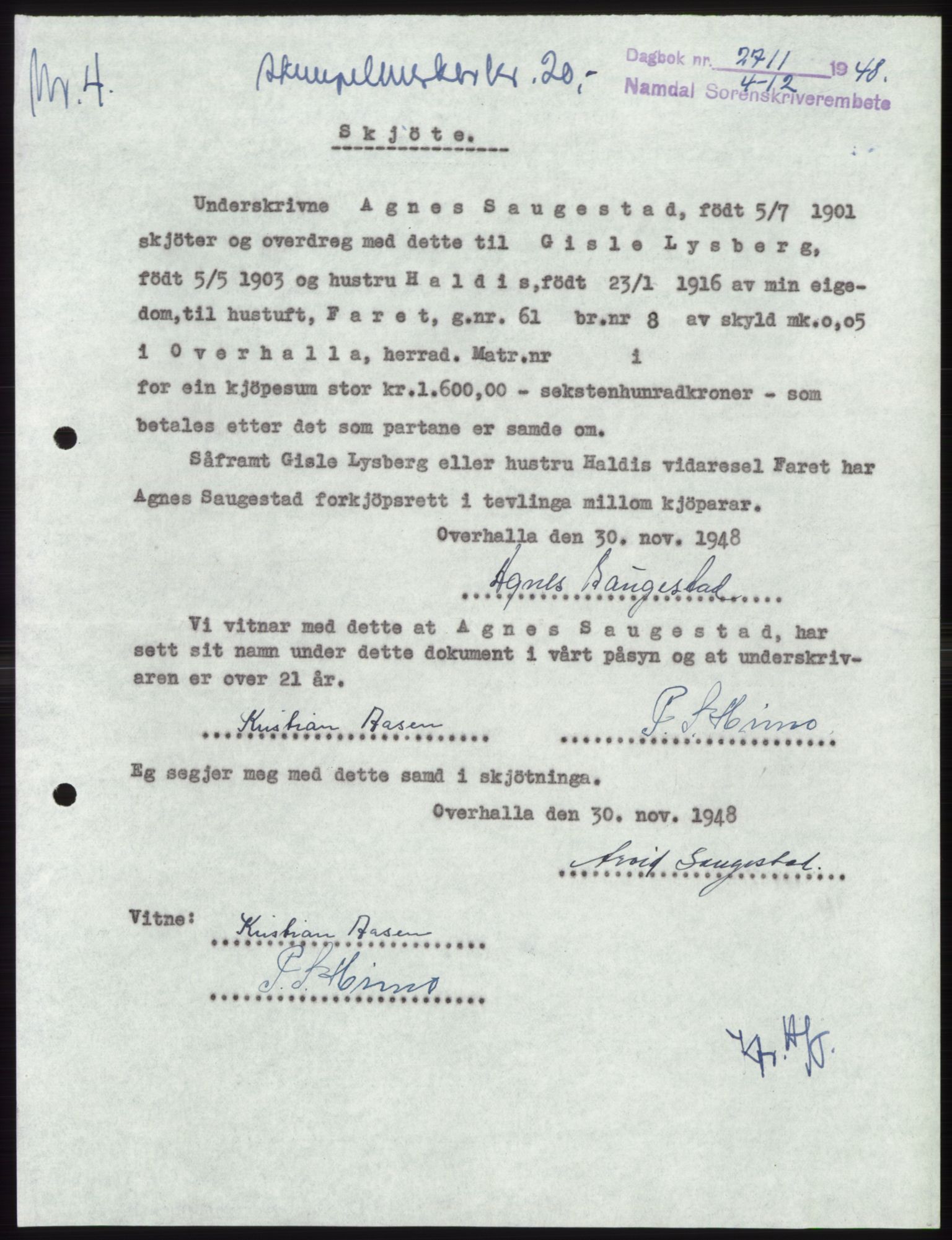 Namdal sorenskriveri, SAT/A-4133/1/2/2C: Pantebok nr. -, 1948-1948, Dagboknr: 2711/1948