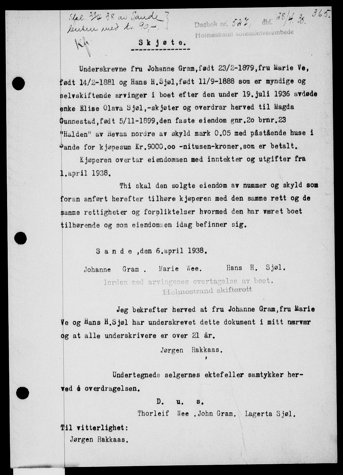 Holmestrand sorenskriveri, SAKO/A-67/G/Ga/Gaa/L0049: Pantebok nr. A-49, 1937-1938, Dagboknr: 527/1938