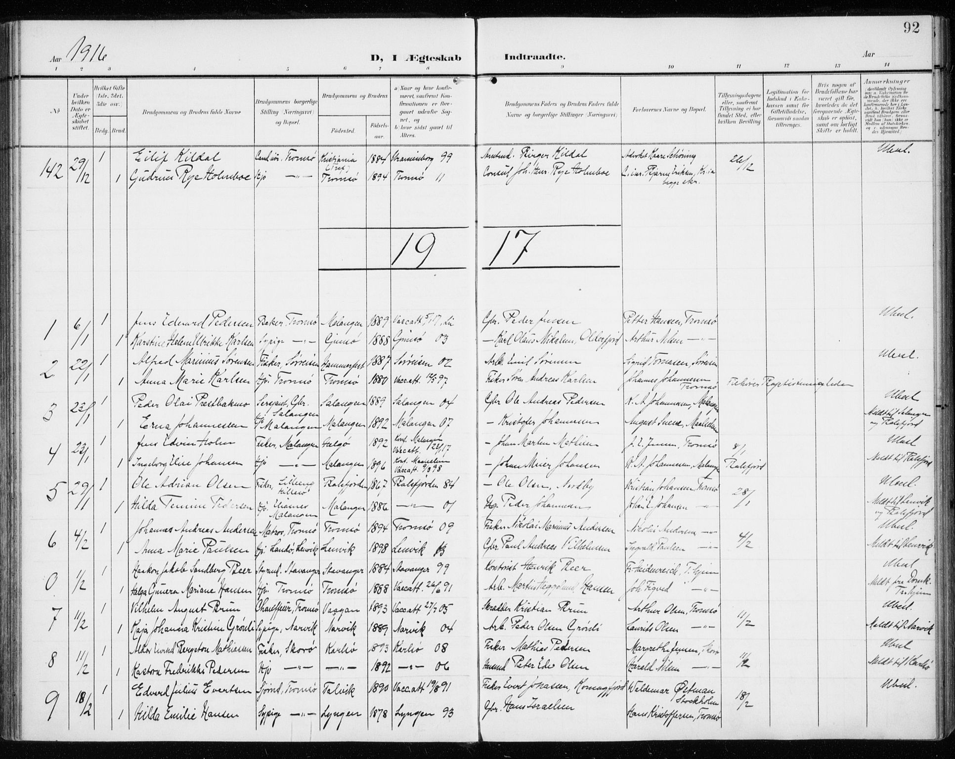 Tromsø sokneprestkontor/stiftsprosti/domprosti, AV/SATØ-S-1343/G/Ga/L0018kirke: Ministerialbok nr. 18, 1907-1917, s. 92