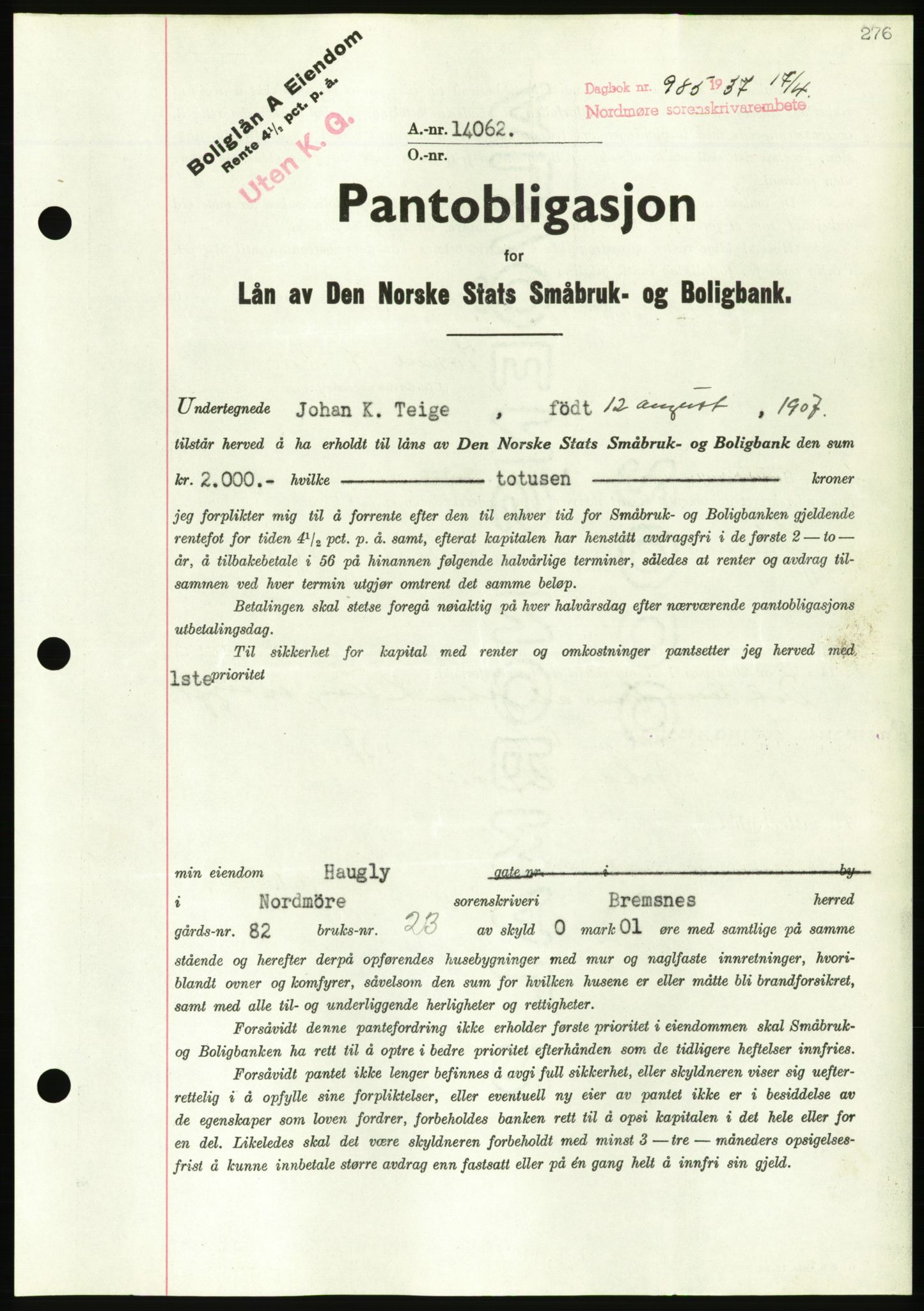 Nordmøre sorenskriveri, AV/SAT-A-4132/1/2/2Ca/L0091: Pantebok nr. B81, 1937-1937, Dagboknr: 985/1937