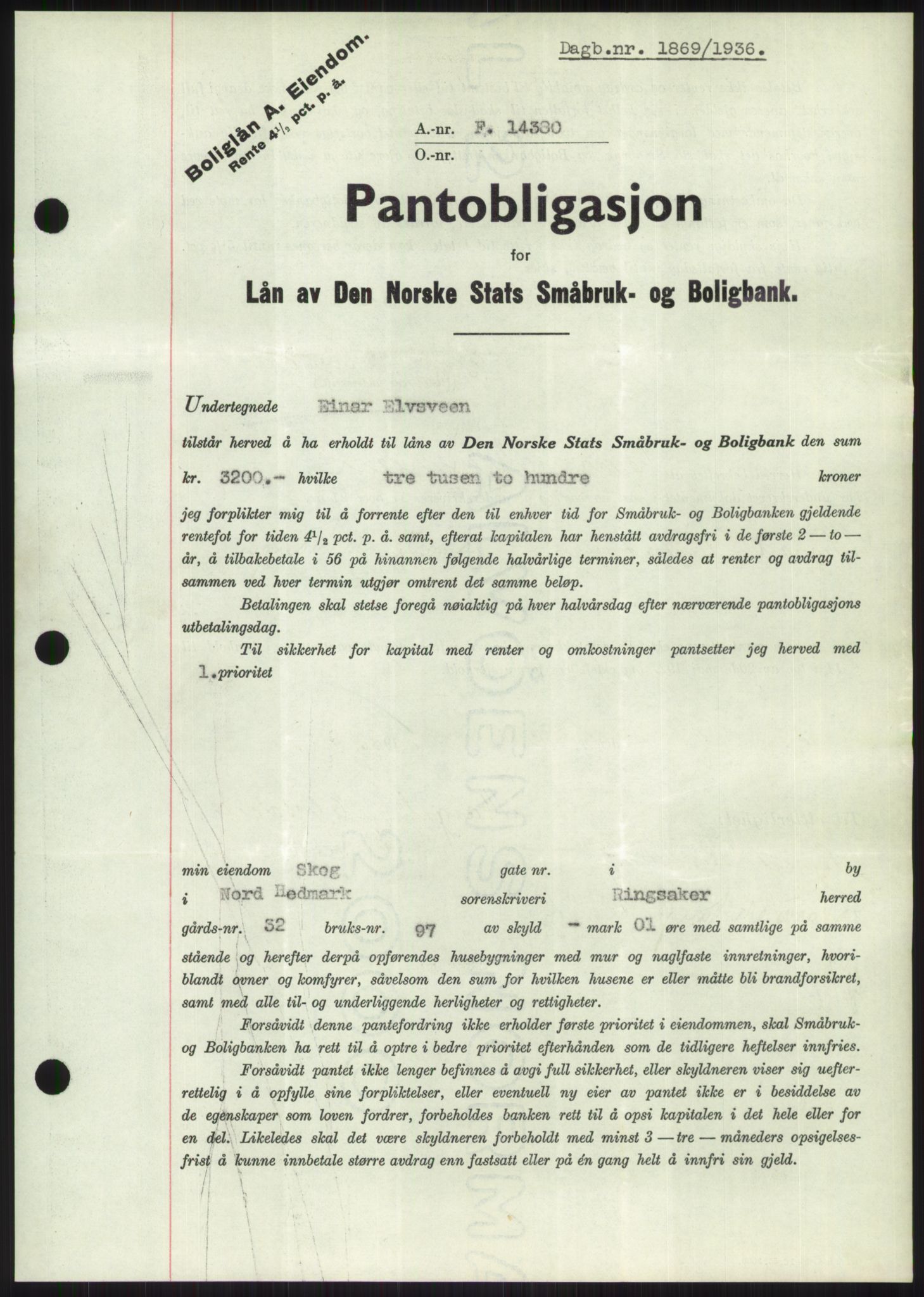 Nord-Hedmark sorenskriveri, SAH/TING-012/H/Hb/Hbf/L0001: Pantebok nr. B1, 1936-1936, Dagboknr: 1869/1936