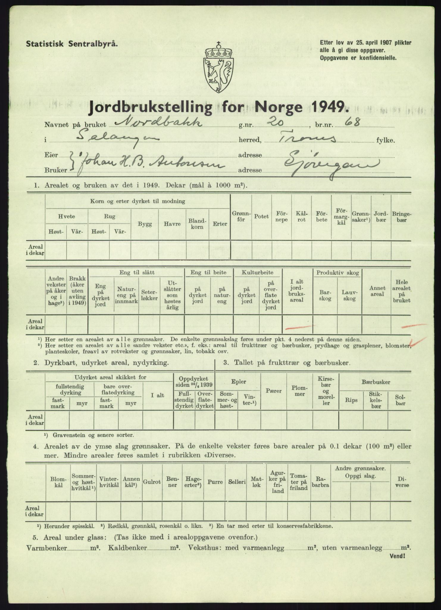 Statistisk sentralbyrå, Næringsøkonomiske emner, Jordbruk, skogbruk, jakt, fiske og fangst, AV/RA-S-2234/G/Gc/L0438: Troms: Salangen og Bardu, 1949, s. 31