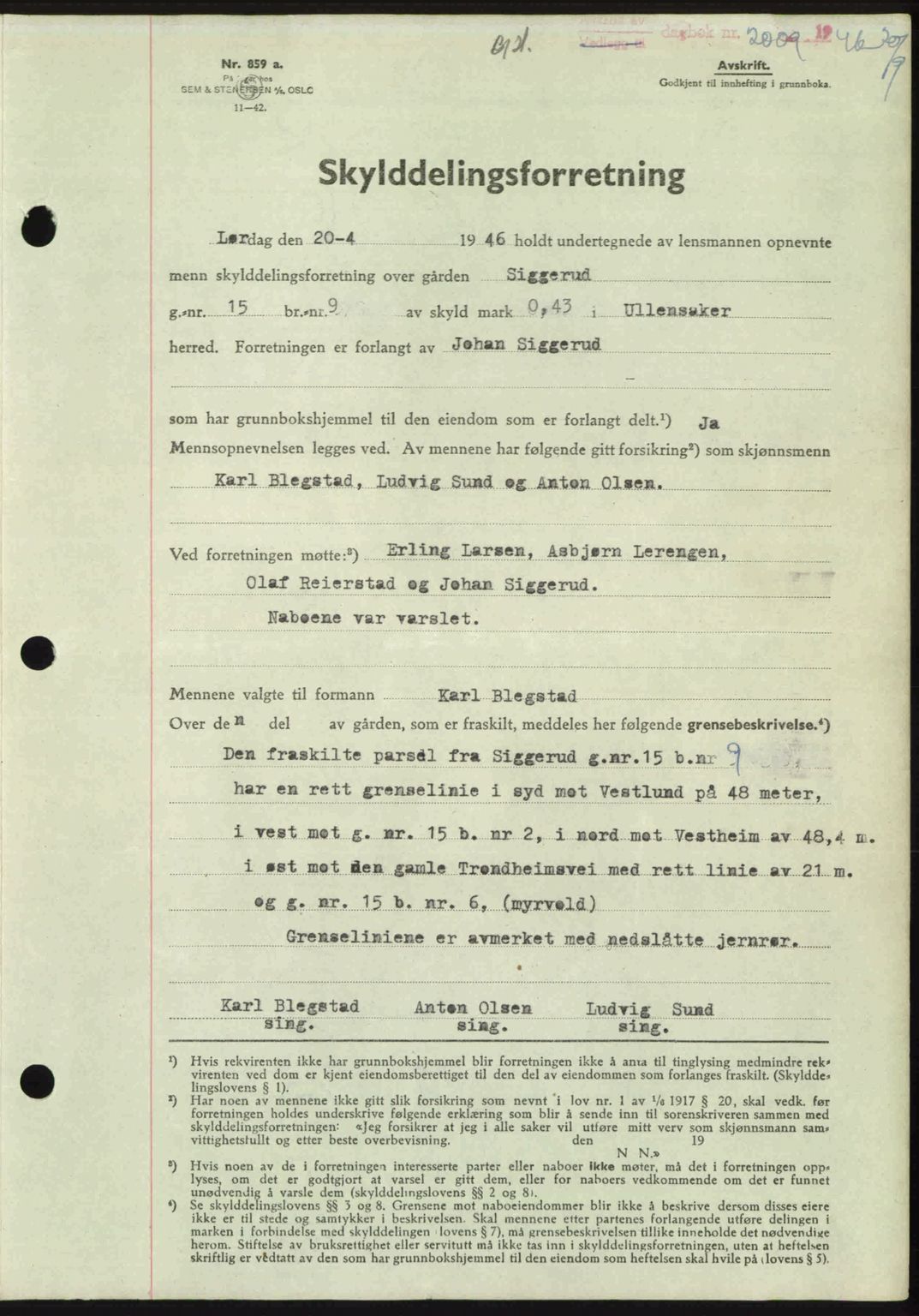 Eidsvoll tingrett, SAO/A-10371/G/Gb/Gbb/L0015: Pantebok nr. A43, 1946-1947, Dagboknr: 2009/1946