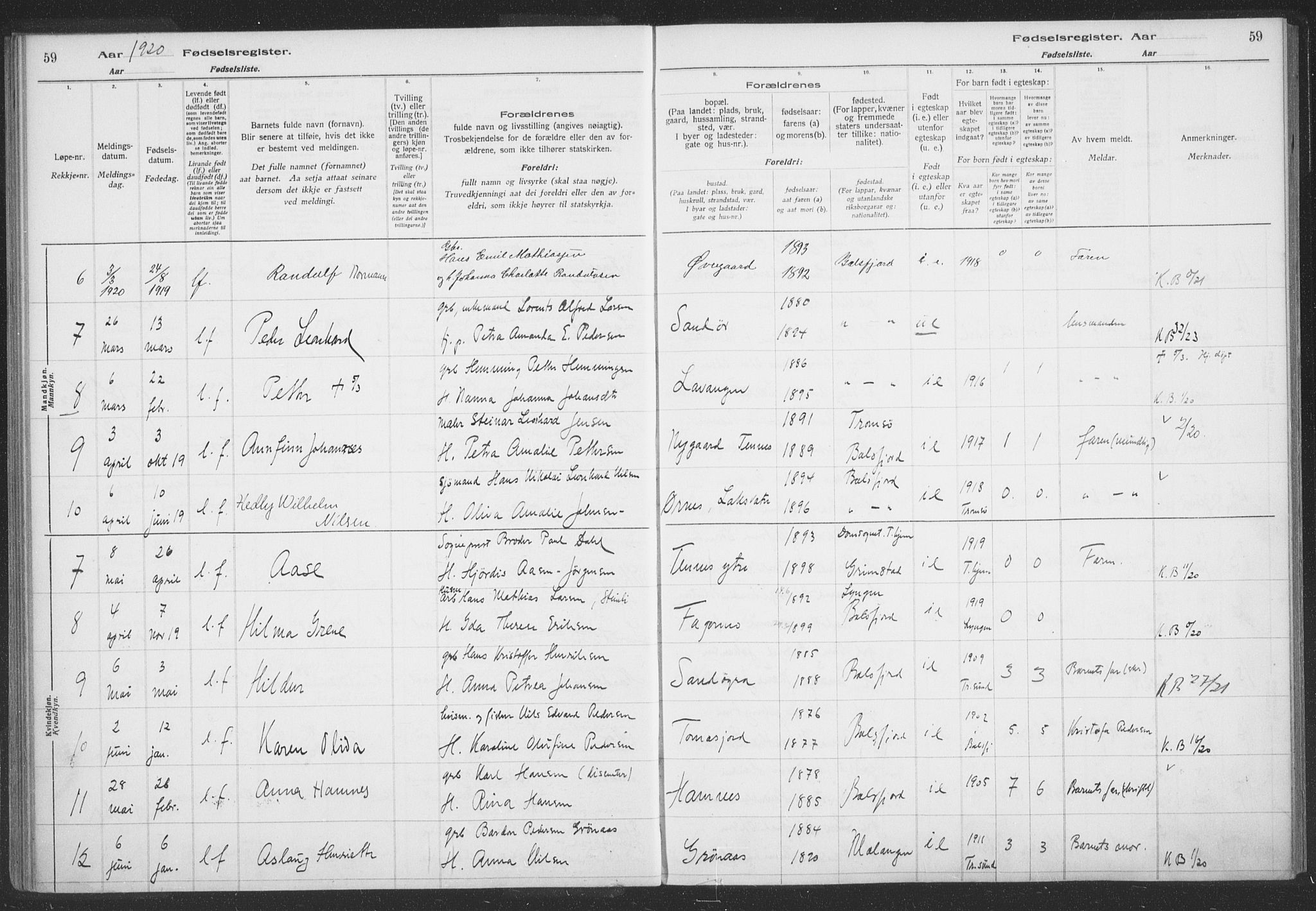 Balsfjord sokneprestembete, AV/SATØ-S-1303/H/Hb/L0059: Fødselsregister nr. 59, 1916-1930, s. 59