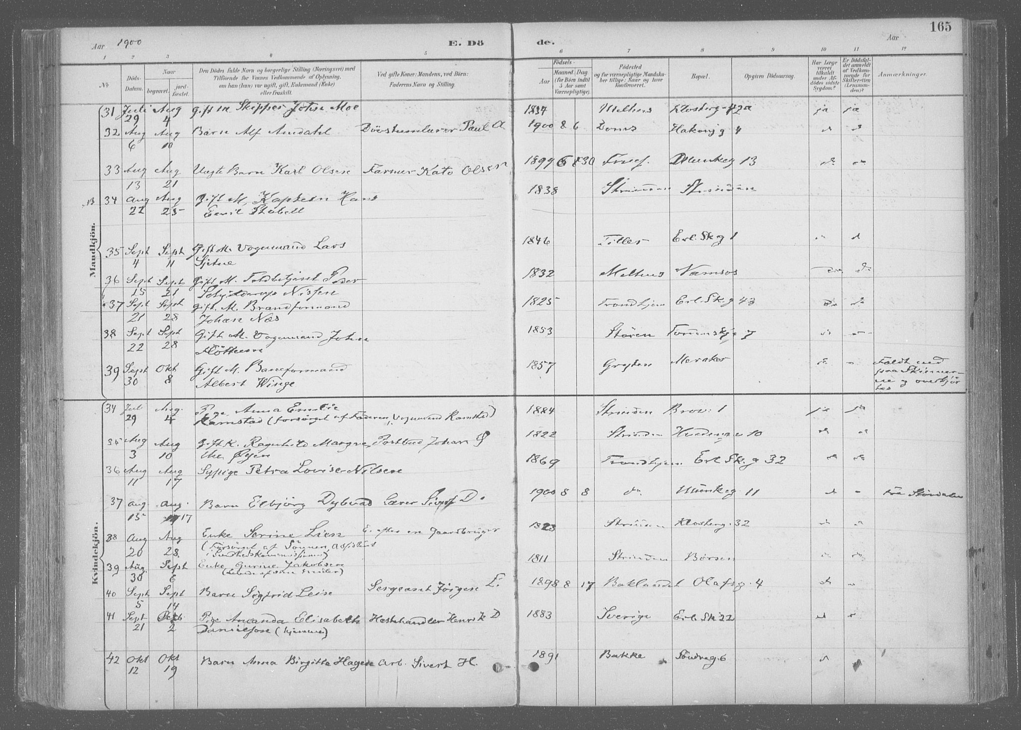 Ministerialprotokoller, klokkerbøker og fødselsregistre - Sør-Trøndelag, SAT/A-1456/601/L0064: Ministerialbok nr. 601A31, 1891-1911, s. 165