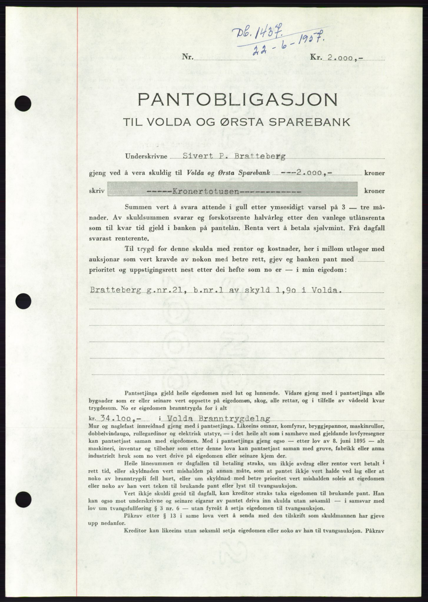 Søre Sunnmøre sorenskriveri, AV/SAT-A-4122/1/2/2C/L0130: Pantebok nr. 18B, 1957-1958, Dagboknr: 1437/1957