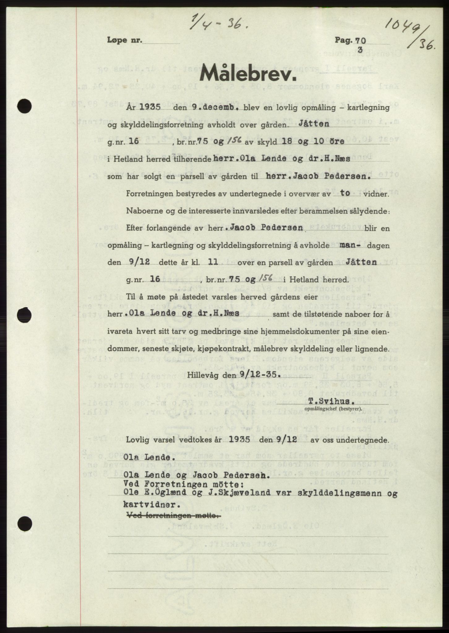 Jæren sorenskriveri, SAST/A-100310/03/G/Gba/L0065: Pantebok nr. 71, 1936-1936, Dagboknr: 1049/1936