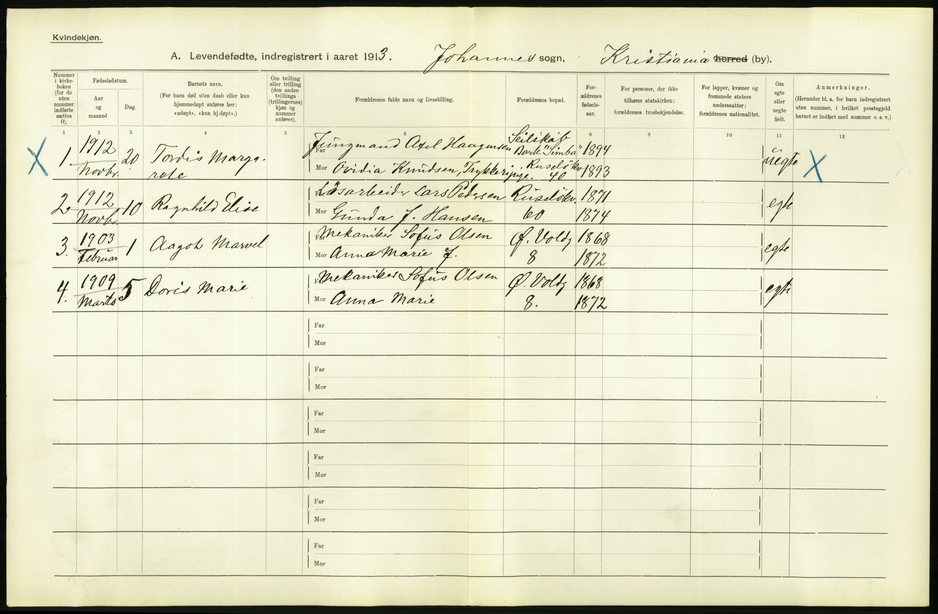 Statistisk sentralbyrå, Sosiodemografiske emner, Befolkning, AV/RA-S-2228/D/Df/Dfb/Dfbc/L0007: Kristiania: Levendefødte menn og kvinner., 1913, s. 790