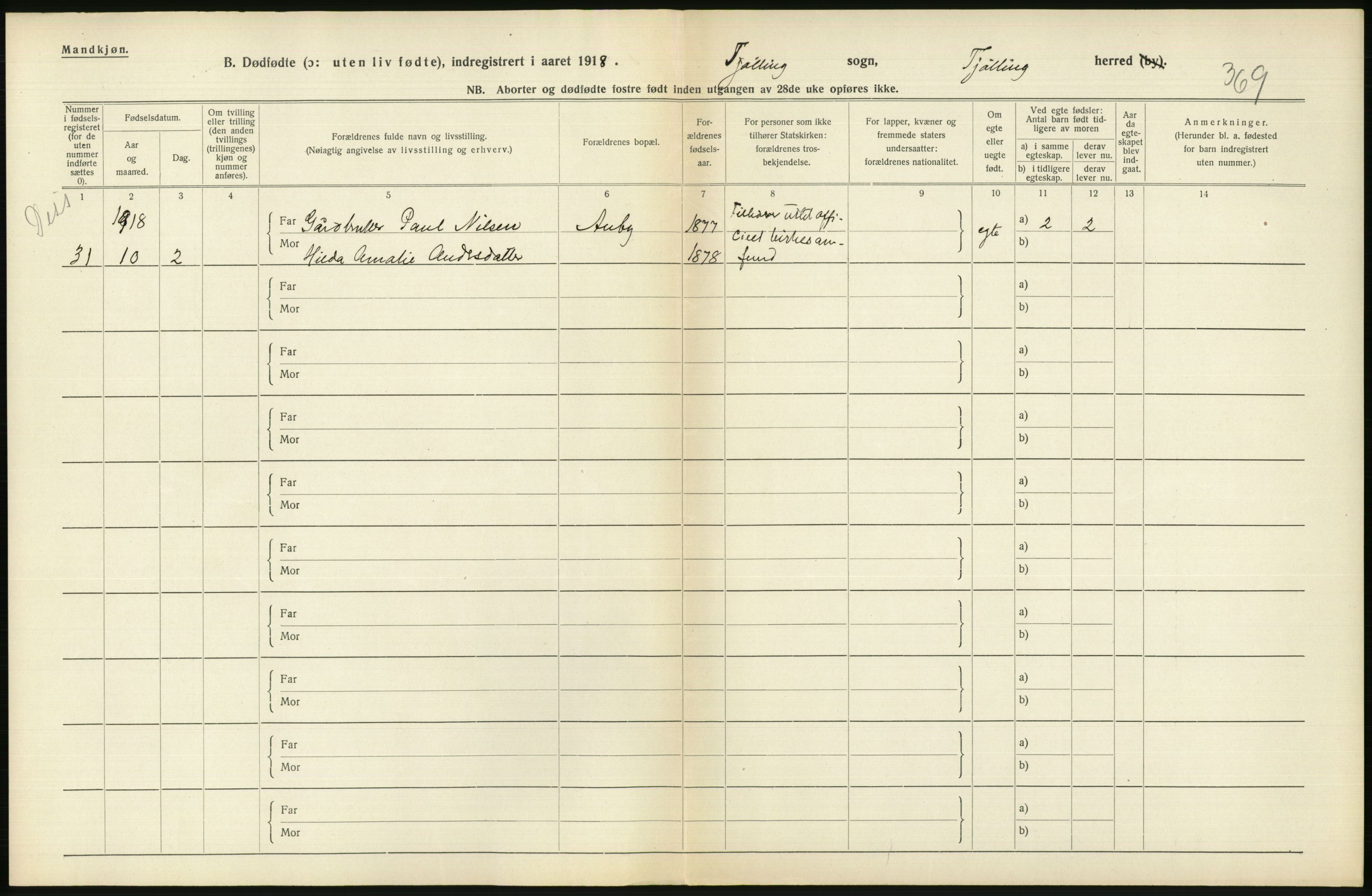 Statistisk sentralbyrå, Sosiodemografiske emner, Befolkning, RA/S-2228/D/Df/Dfb/Dfbh/L0022: Vestfold fylke: Gifte, dødfødte. Bygder og byer., 1918, s. 300