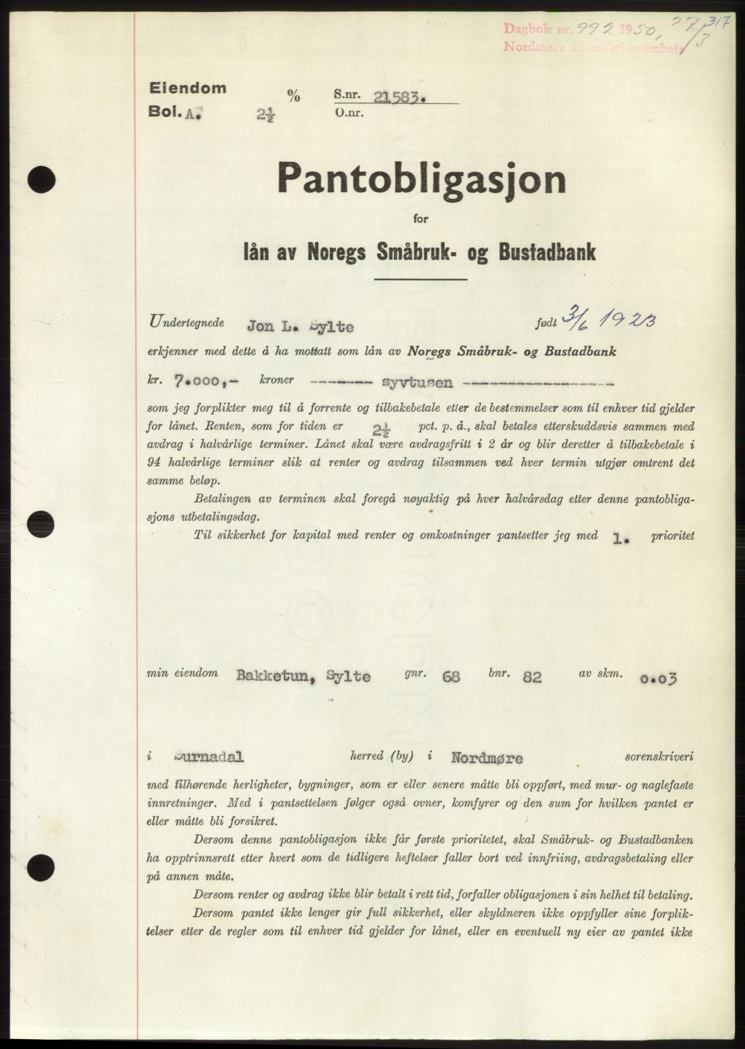 Nordmøre sorenskriveri, SAT/A-4132/1/2/2Ca: Pantebok nr. B104, 1950-1950, Dagboknr: 992/1950