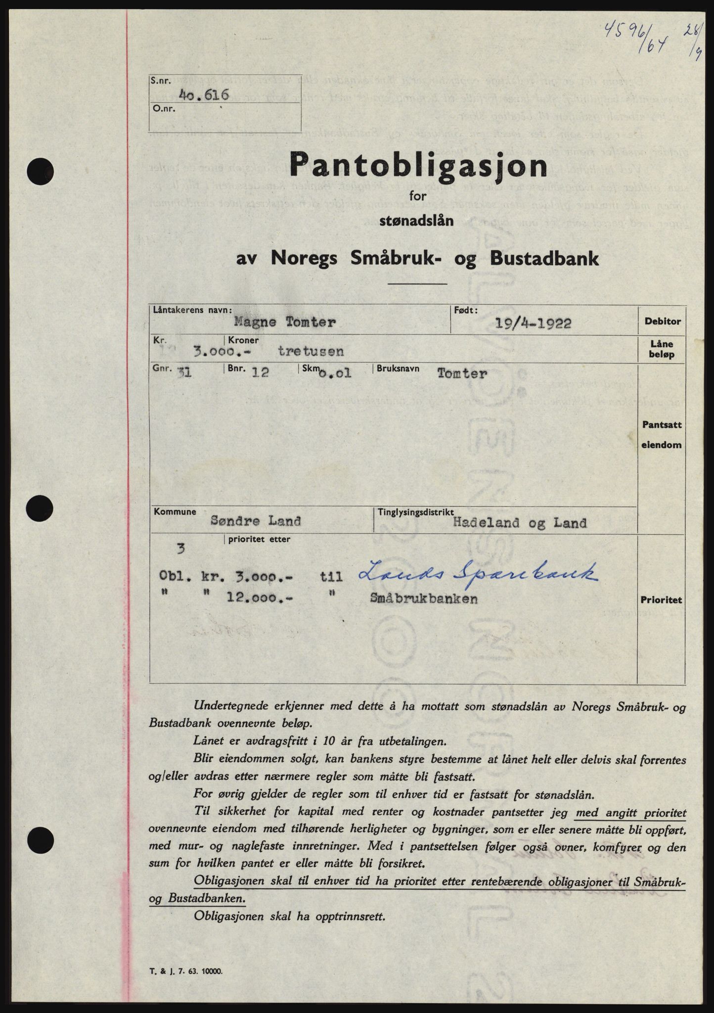 Hadeland og Land tingrett, SAH/TING-010/H/Hb/Hbc/L0056: Pantebok nr. B56, 1964-1964, Dagboknr: 4596/1964