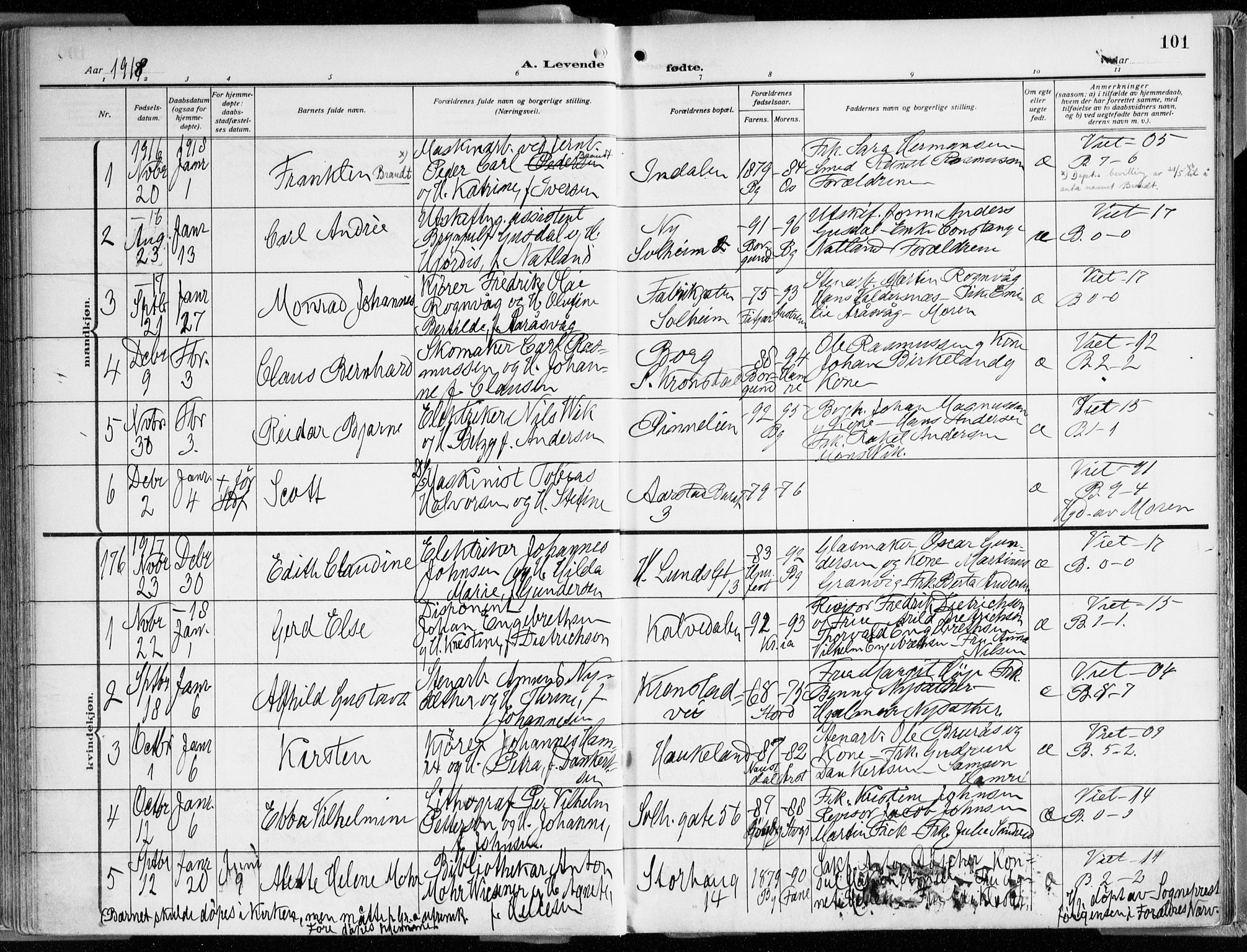 Årstad Sokneprestembete, AV/SAB-A-79301/H/Haa/L0003: Ministerialbok nr. A 3, 1914-1919, s. 101