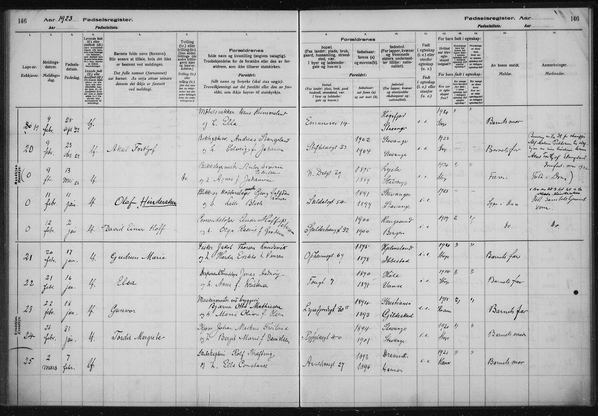 St. Johannes sokneprestkontor, AV/SAST-A-101814/002/A/L0002: Fødselsregister nr. 2, 1919-1924, s. 146