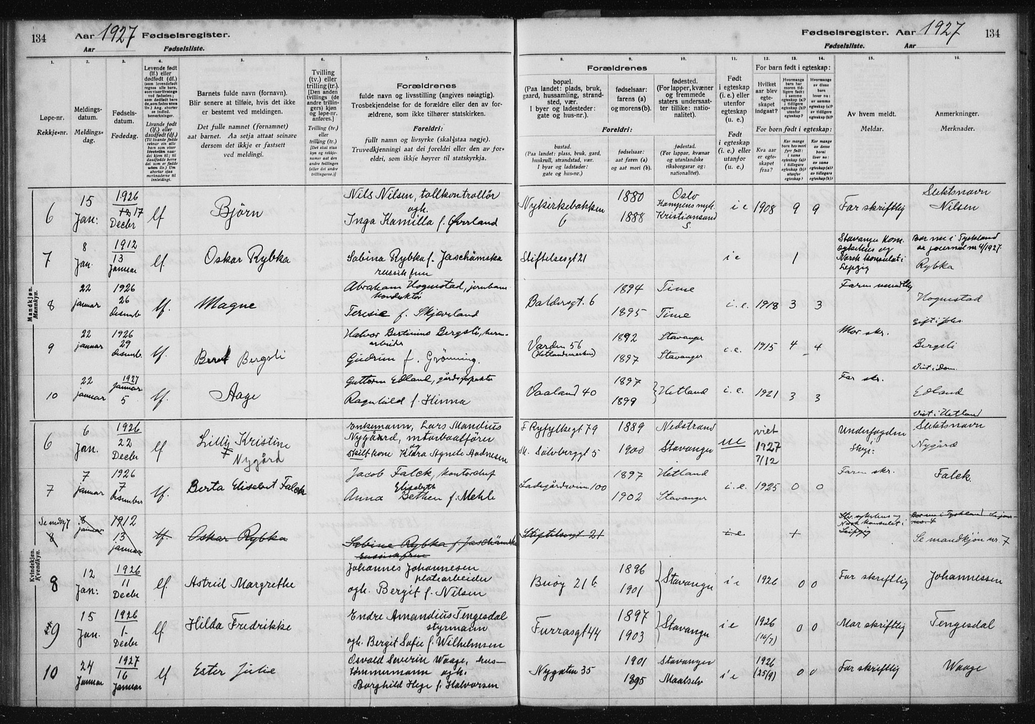 St. Petri sokneprestkontor, AV/SAST-A-101813/002/A/L0002: Fødselsregister nr. 2, 1922-1929, s. 134