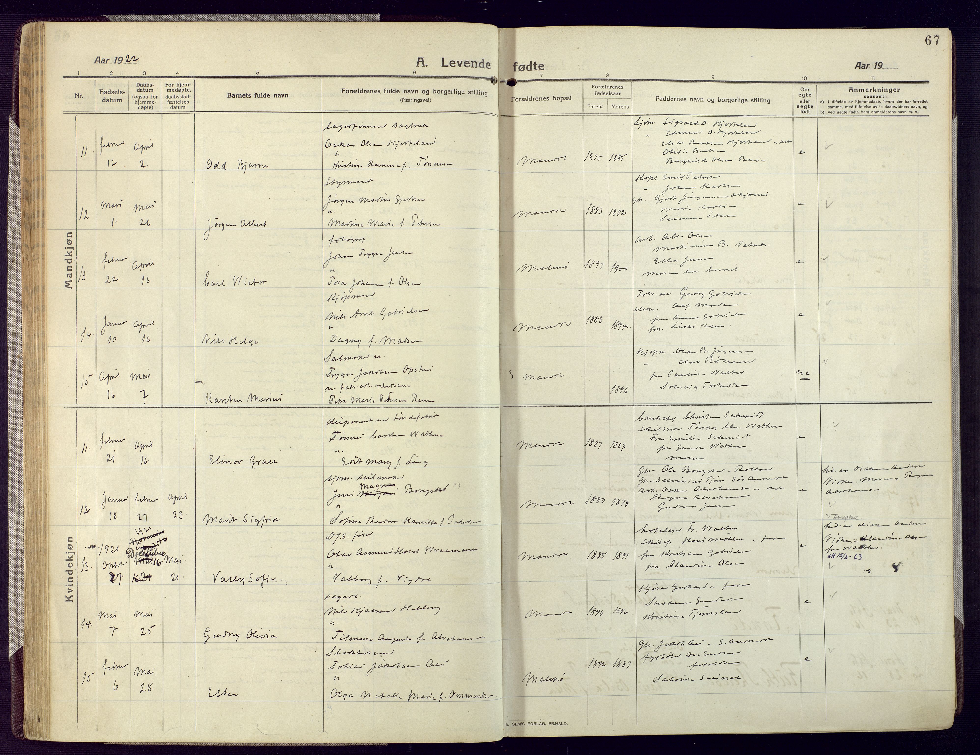 Mandal sokneprestkontor, AV/SAK-1111-0030/F/Fa/Fac/L0001: Ministerialbok nr. A 1, 1913-1925, s. 67