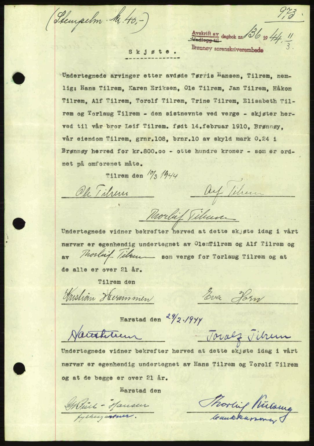Brønnøy sorenskriveri, SAT/A-4170/1/2/2C: Pantebok nr. 23, 1943-1944, Dagboknr: 136/1944