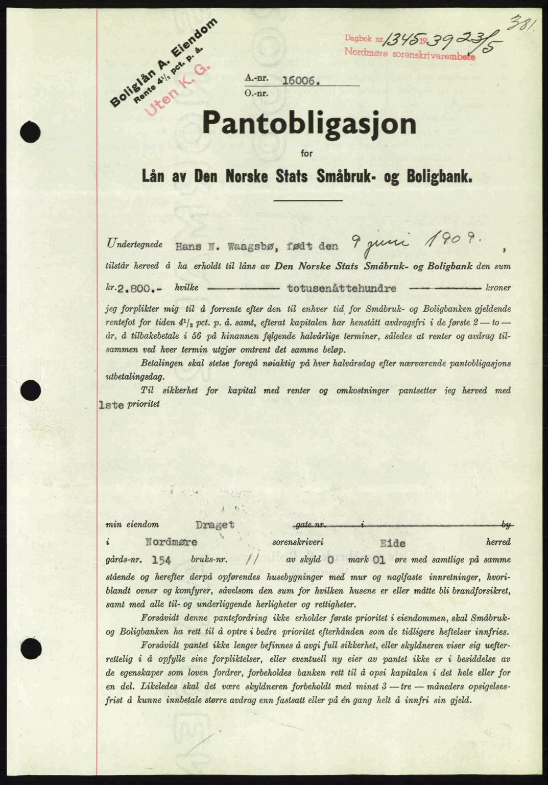 Nordmøre sorenskriveri, AV/SAT-A-4132/1/2/2Ca: Pantebok nr. B85, 1939-1939, Dagboknr: 1345/1939