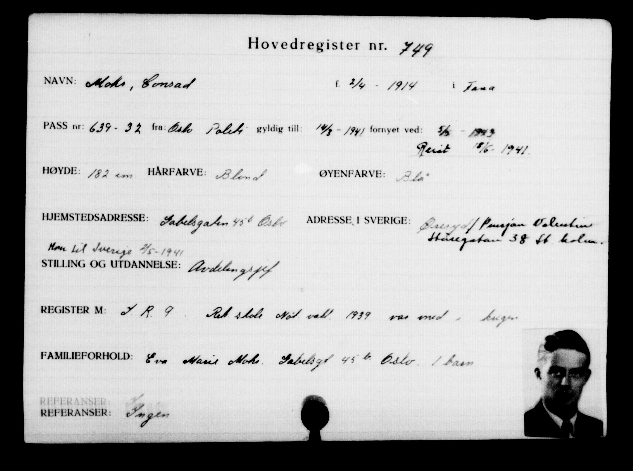 Utenriksstasjonene, Legasjonen i Stockholm, Flyktningkontoret, AV/RA-S-6753/V/Va/L0001: Kjesäterkartoteket, flyktninger med registreringsnr. 1-1000, 1940-1945, s. 1181