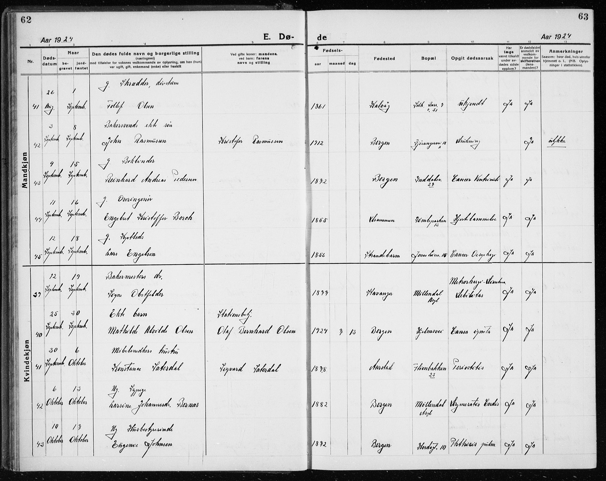 Årstad Sokneprestembete, AV/SAB-A-79301/H/Hab/L0025: Klokkerbok nr. D 2, 1922-1940, s. 62-63