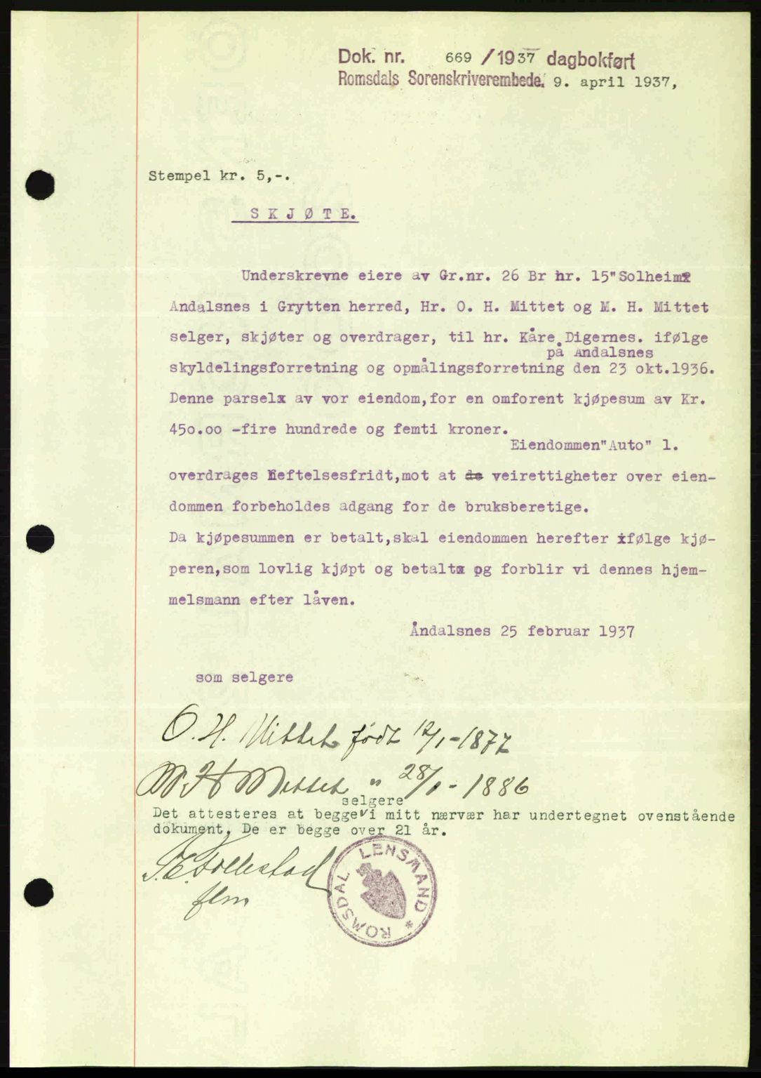 Romsdal sorenskriveri, SAT/A-4149/1/2/2C: Pantebok nr. A3, 1937-1937, Dagboknr: 669/1937