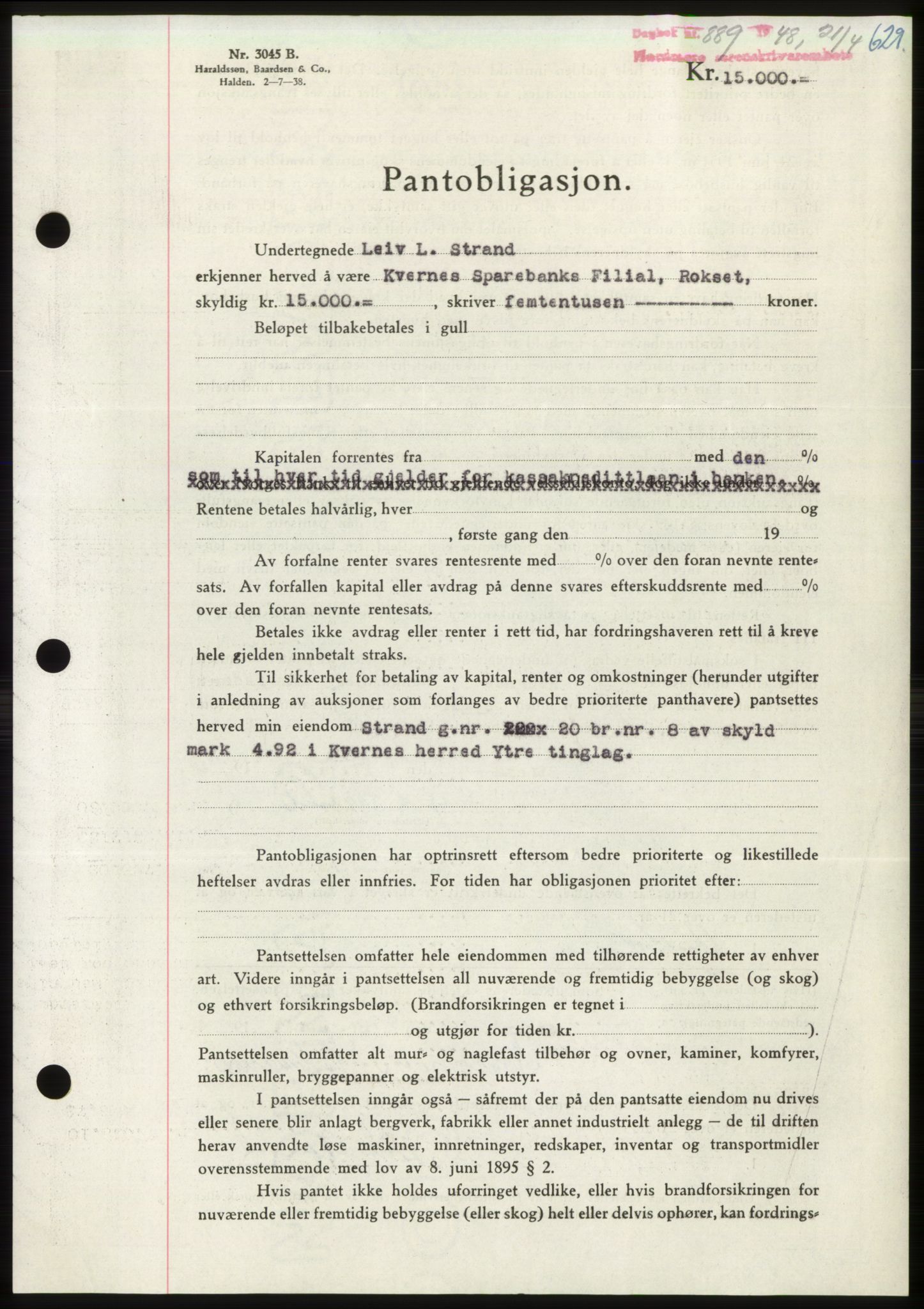 Nordmøre sorenskriveri, SAT/A-4132/1/2/2Ca: Pantebok nr. B98, 1948-1948, Dagboknr: 889/1948