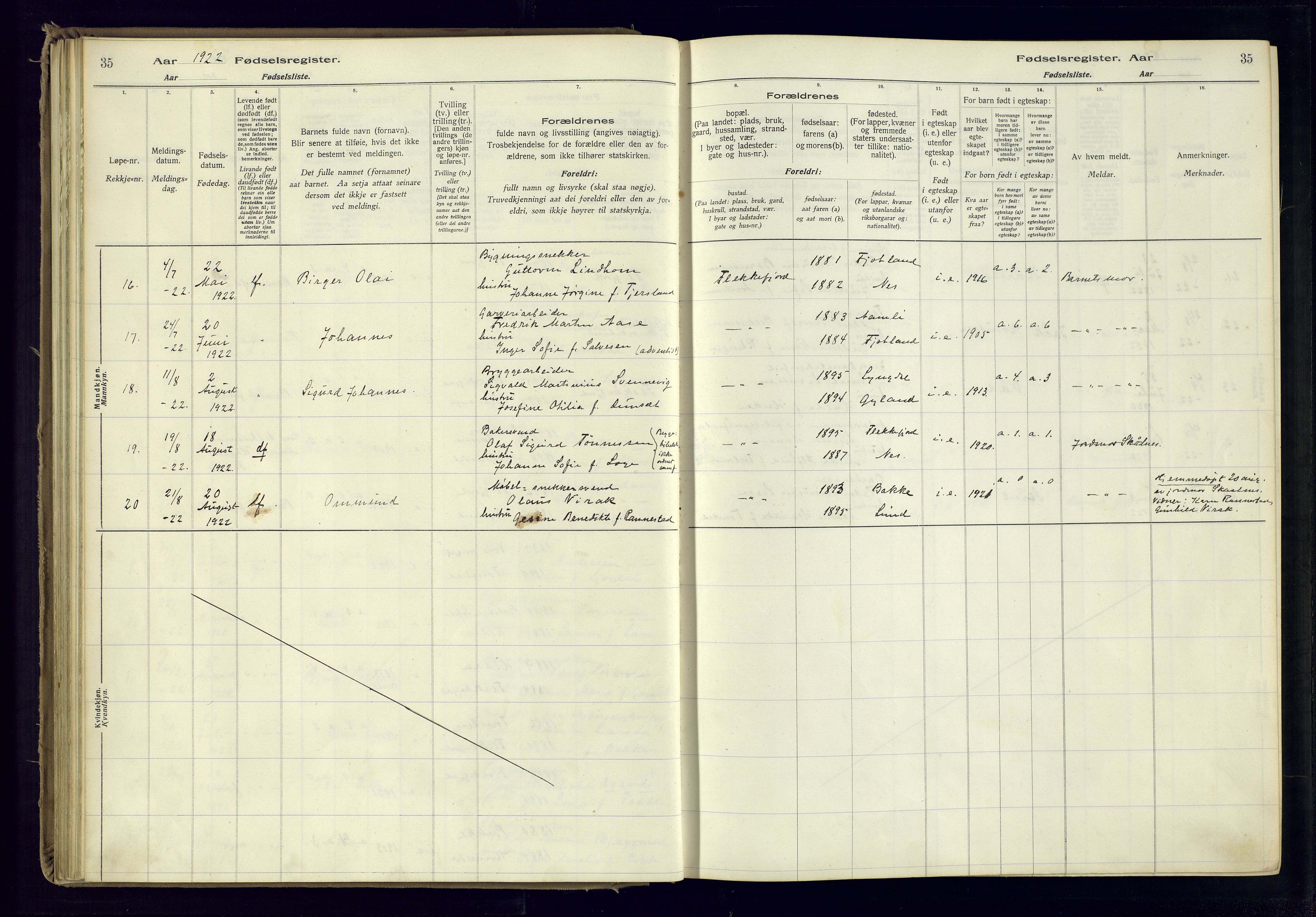 Flekkefjord sokneprestkontor, AV/SAK-1111-0012/J/Ja/L0001: Fødselsregister nr. 1, 1916-1948, s. 35
